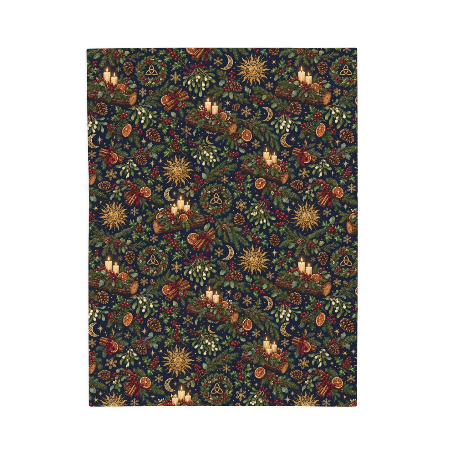 Yule Log & Evergreen Velveteen Plush Blanket – Lightweight Winter Solstice Throw