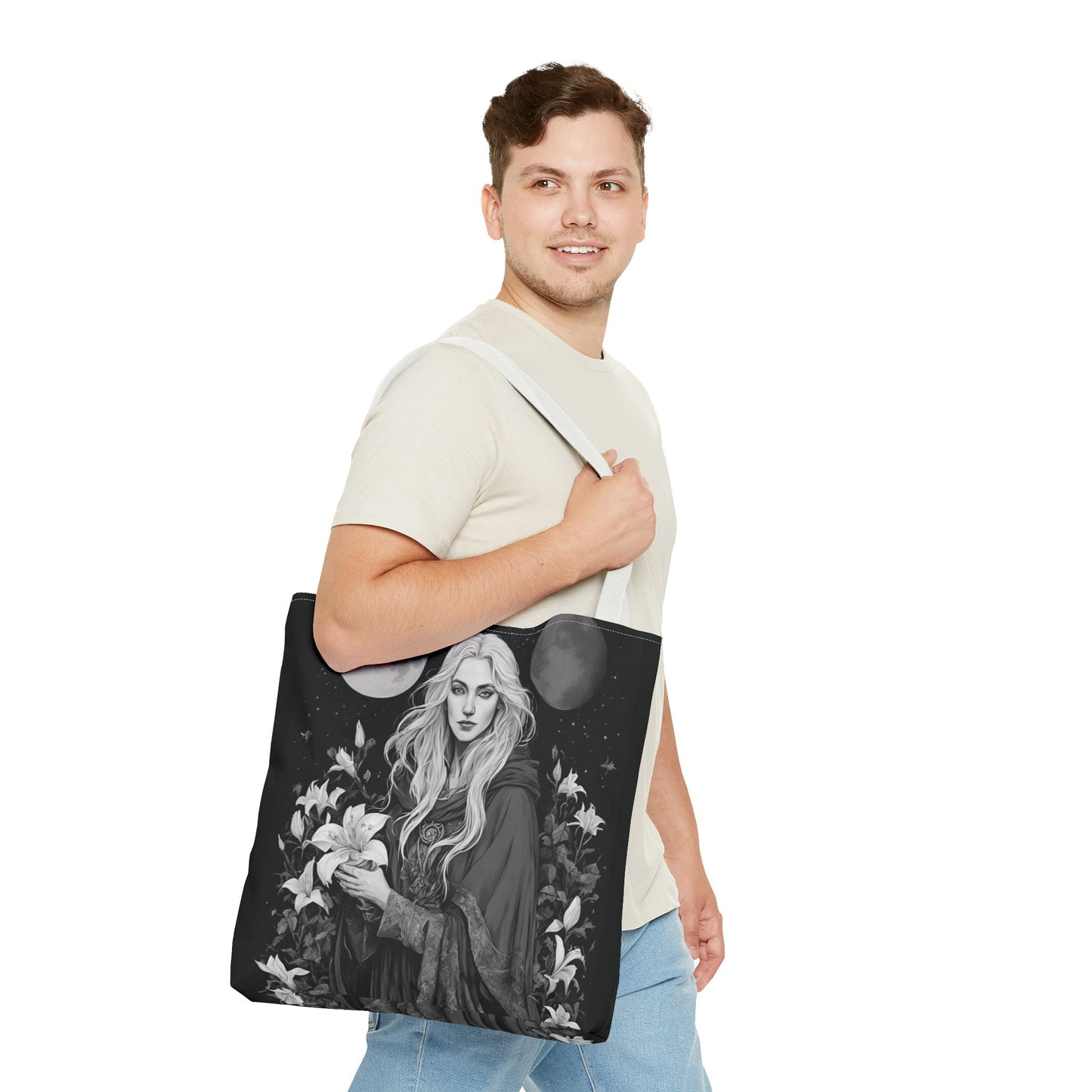 Mystical Floral Tote Bag, Witch Aesthetic Handbag, Boho Chic Shopper, Eco-Friendly Grocery Bag, Everyday Carryall, Gift for Her - Divine Mystic Moons