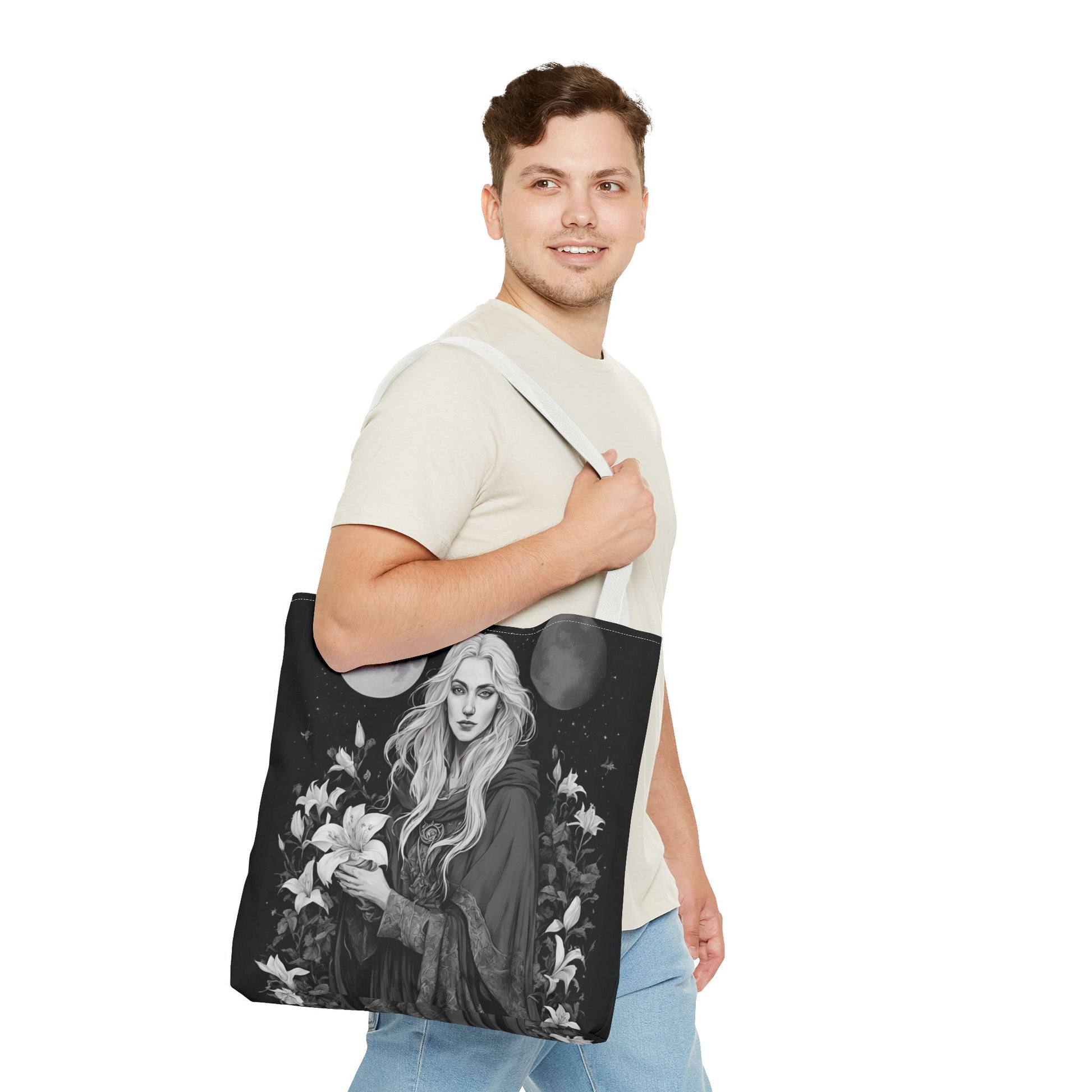 Mystical Floral Tote Bag, Witch Aesthetic Handbag, Boho Chic Shopper, Eco-Friendly Grocery Bag, Everyday Carryall, Gift for Her - Divine Mystic Moons
