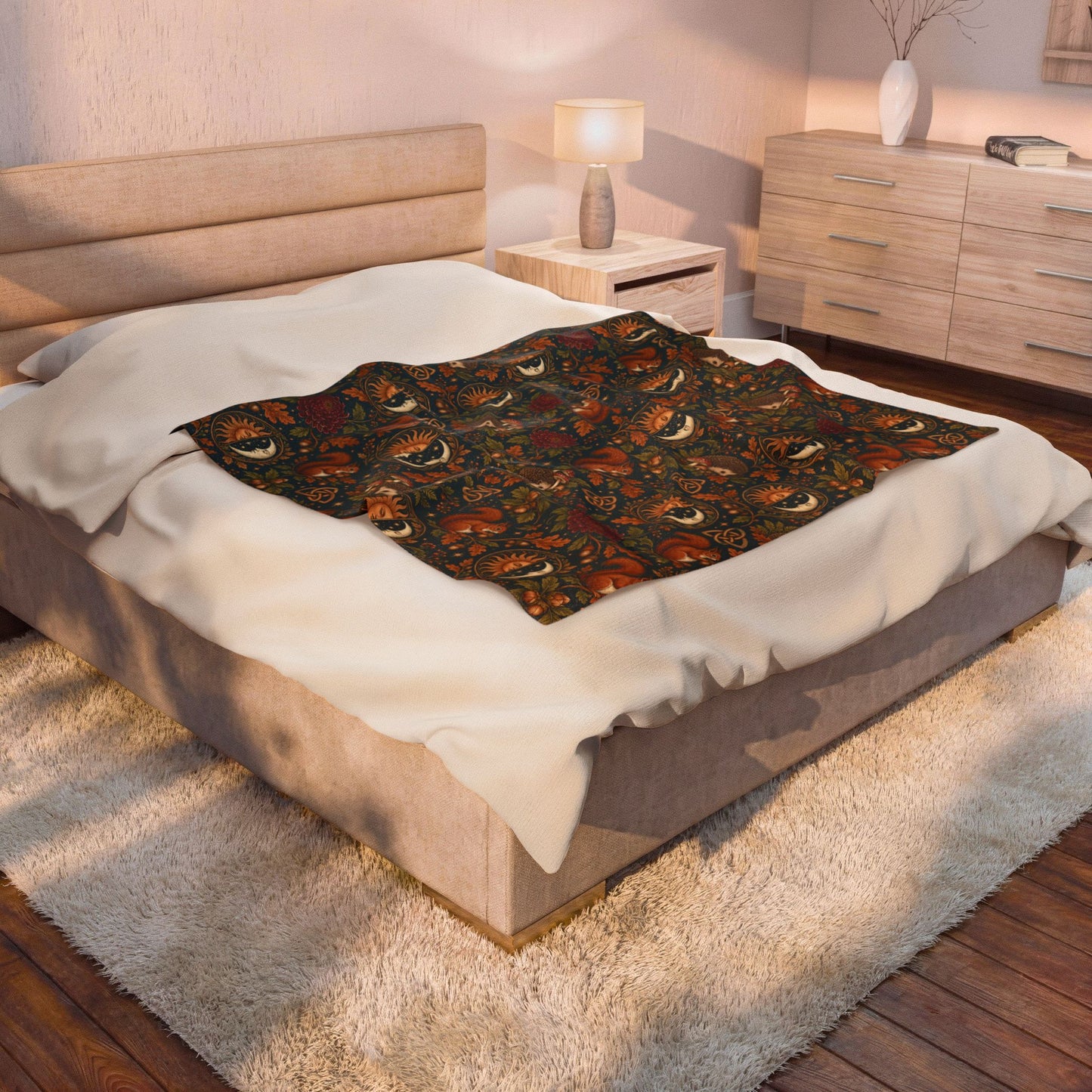 Mabon Squirrel & Hedgehog Velveteen Plush Blanket – Lightweight Autumn Woodland Throw