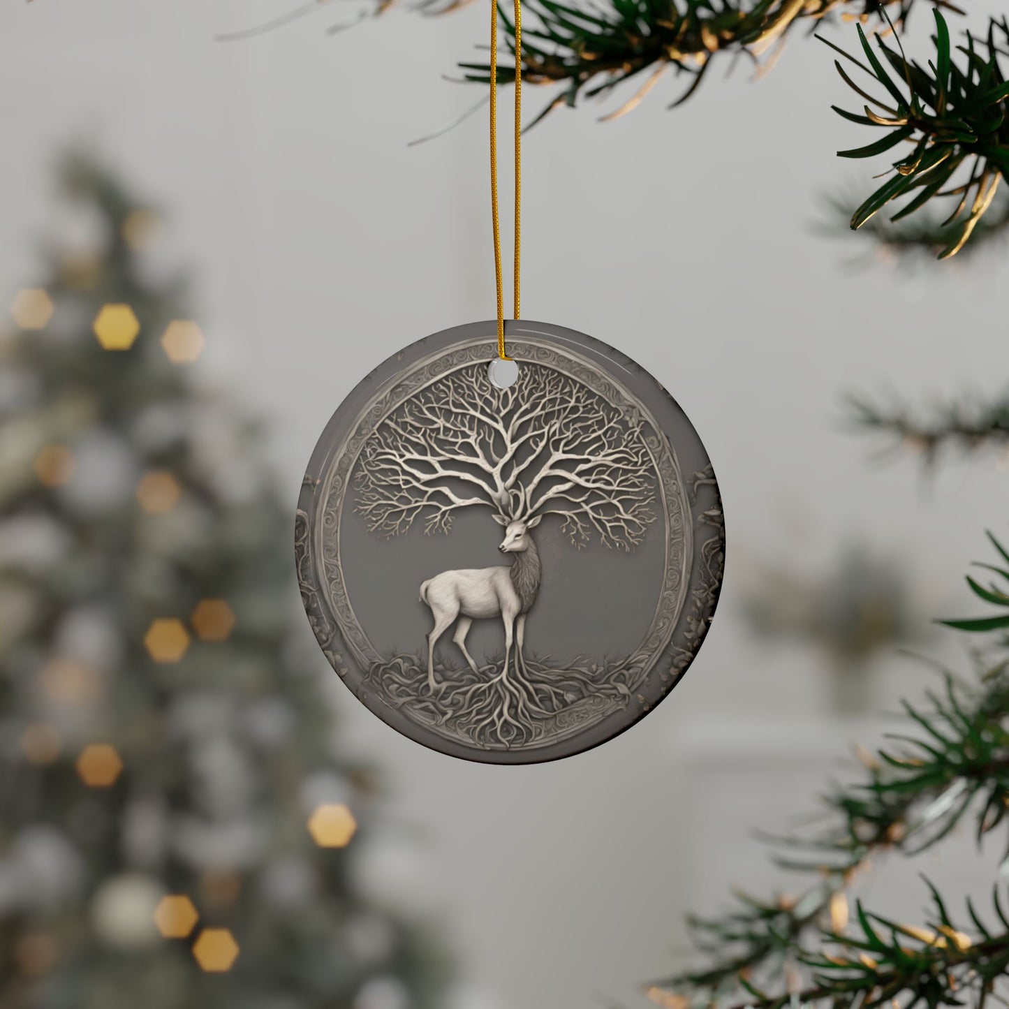 Celtic Stag & Tree of Life Gray Woodland Ornament