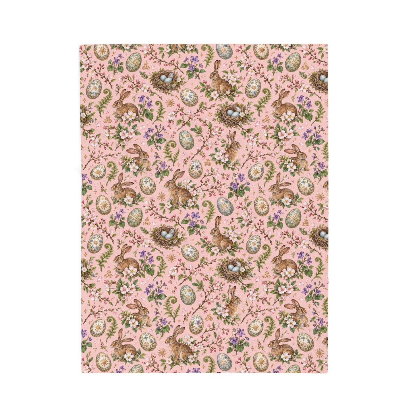 Ostara Rabbit & Spring Egg Velveteen Plush Throw | Lightweight Pink Spring Blanket