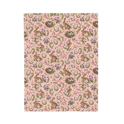 Ostara Rabbit & Spring Egg Velveteen Plush Throw | Lightweight Pink Spring Blanket