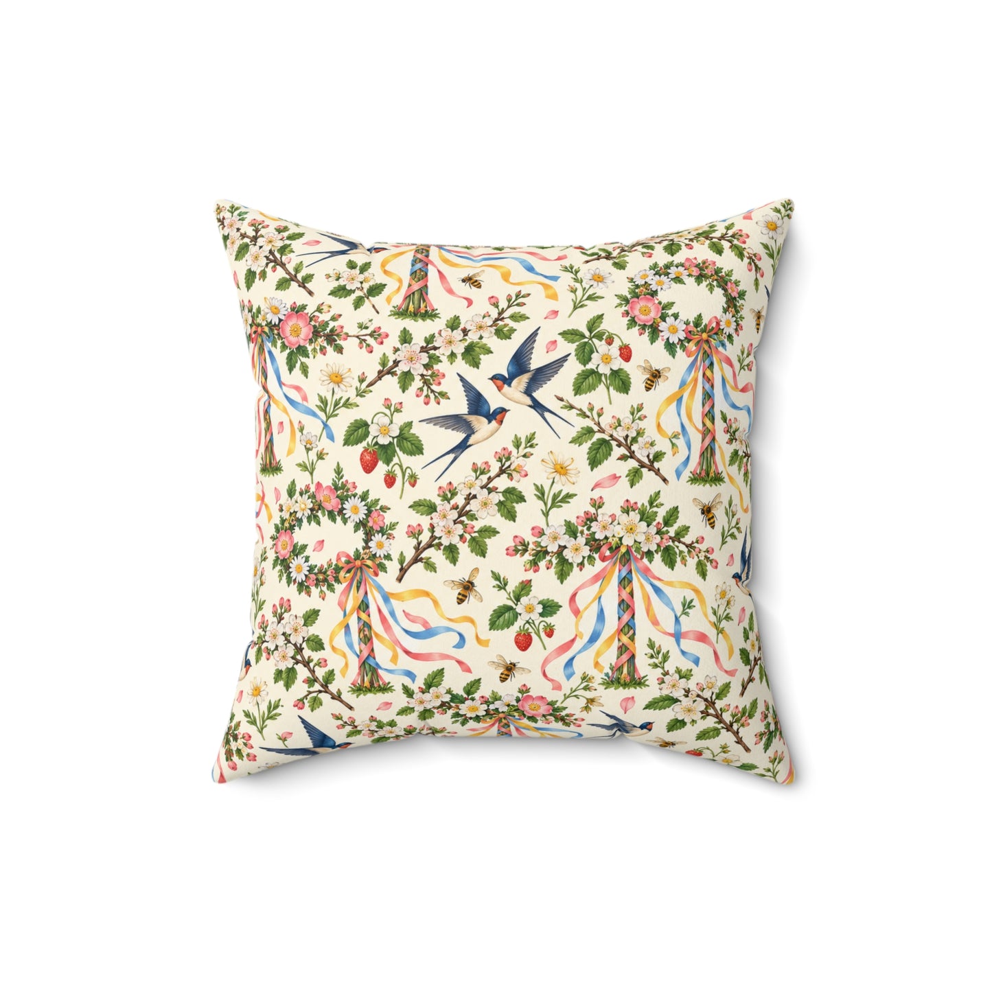 Beltane Maypole & Swallow Faux Suede Pillow – Floral Spring Witch Decor