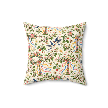 Beltane Maypole & Swallow Faux Suede Pillow – Floral Spring Witch Decor