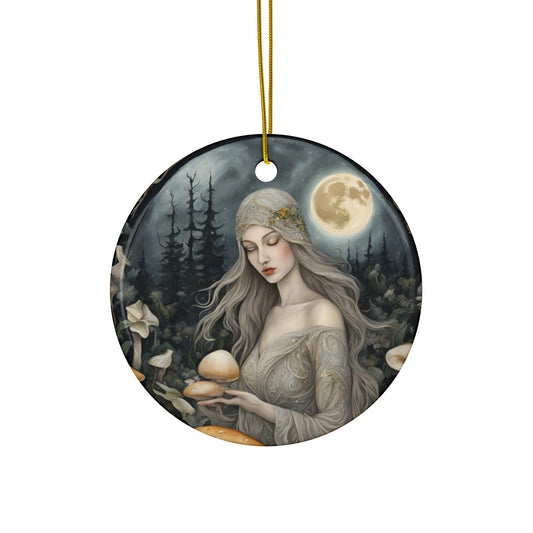 Ethereal Moon Goddess 2 sided Ceramic Ornament Mystical Mushroom Forest Print Pagan Deity Witchy Woodland Sacred Feminine Divine