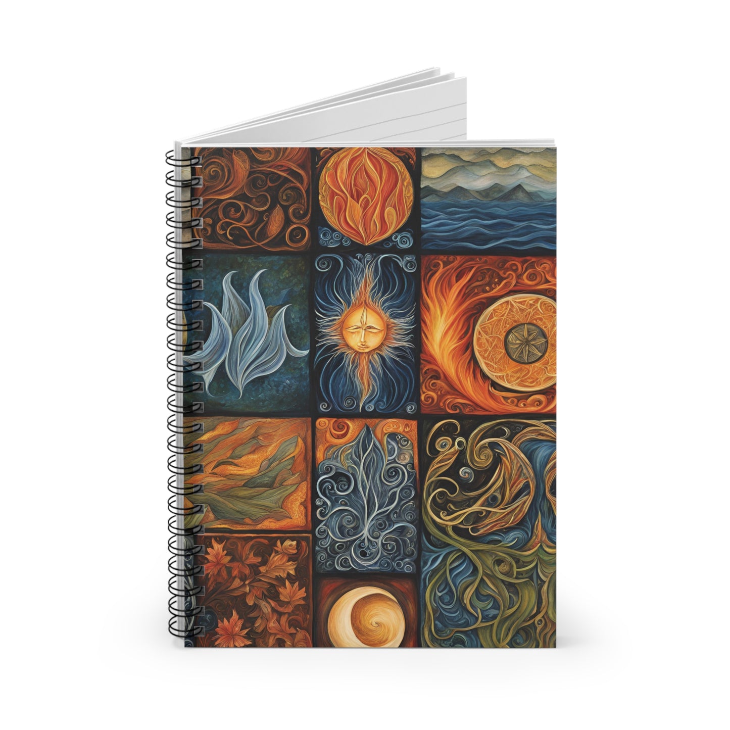 Four Elements Notebook – Earth Air Fire Water Spiral Journal, Elemental Witch Grimoire, Pagan Spellbook, Mystical Nature Sketchpad - Divine Mystic Moons