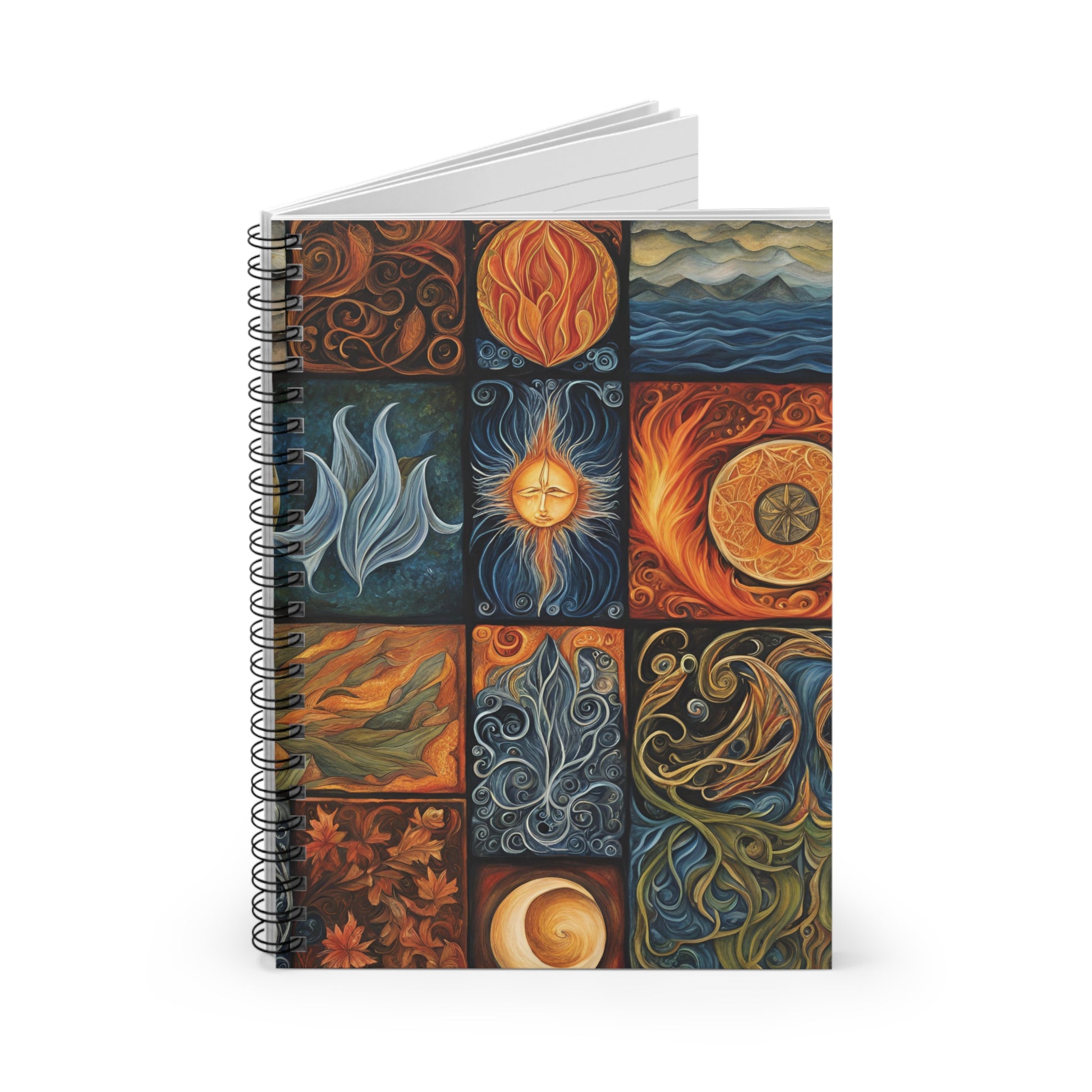 Four Elements Notebook – Earth Air Fire Water Spiral Journal, Elemental Witch Grimoire, Pagan Spellbook, Mystical Nature Sketchpad - Divine Mystic Moons