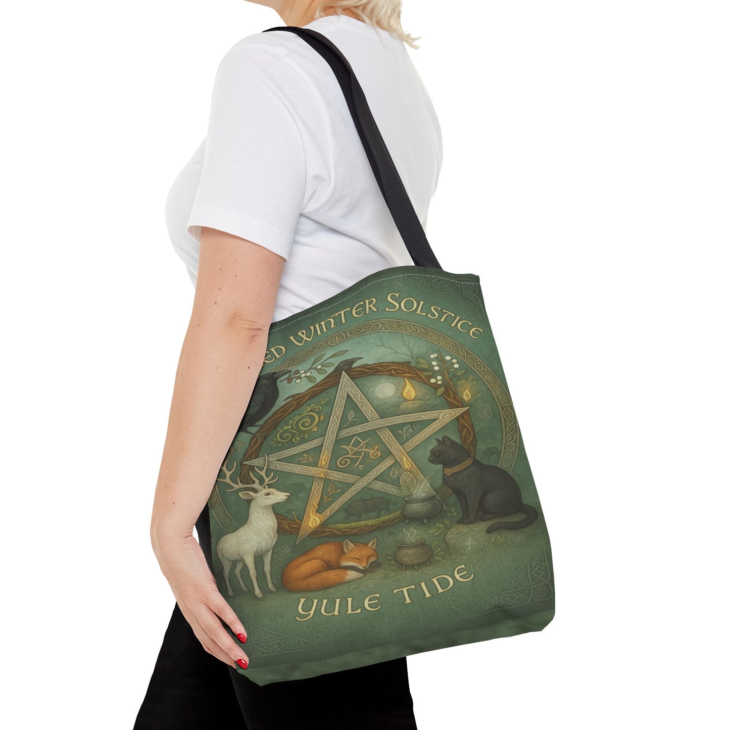 Blessed Winter Solstice Tote Bag – Yule Tide Pentacle Forest Animal Bag, Pagan Witch Gift, Celtic Wiccan Yule Sabbat Tote - Divine Mystic Moons