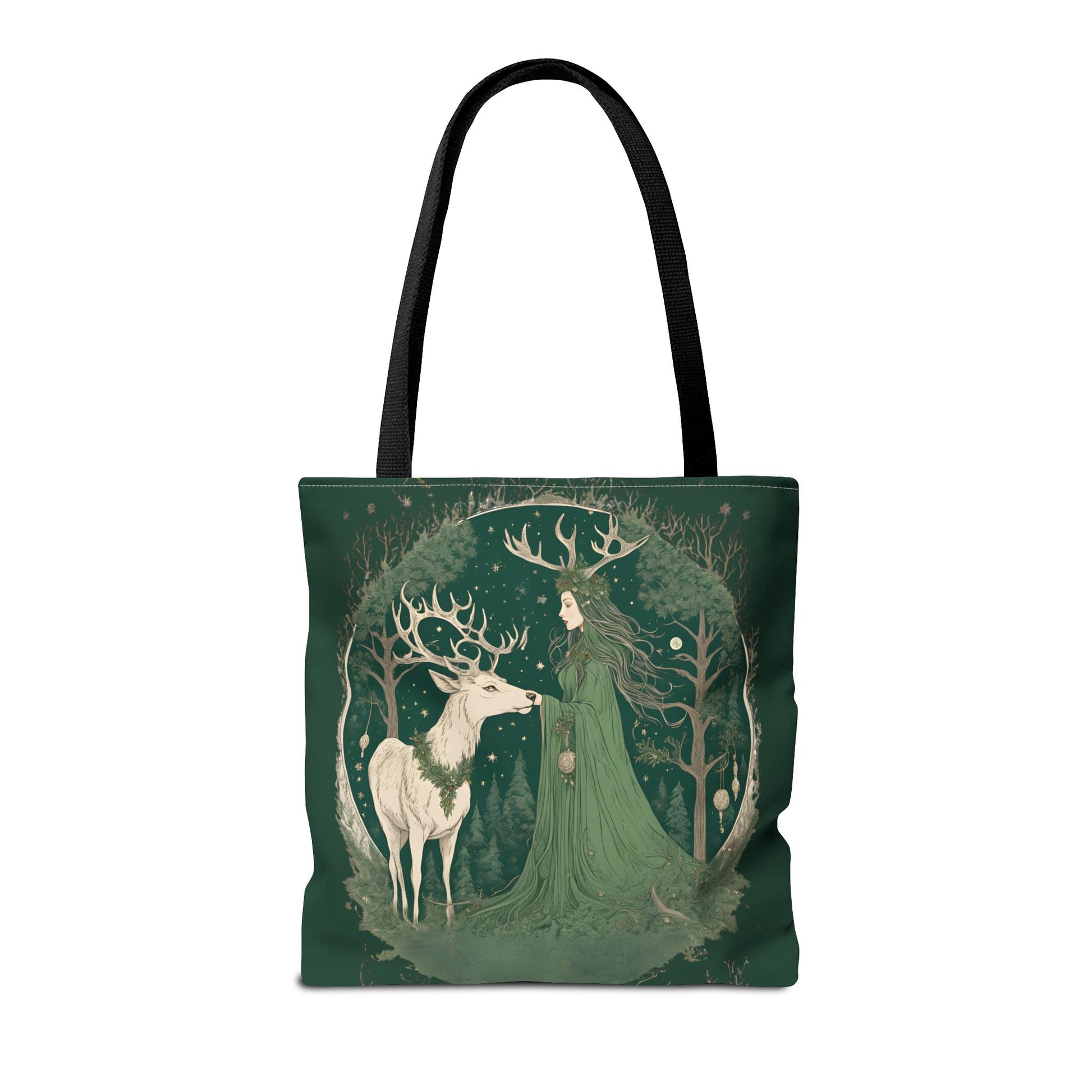 Yuletide Green Witch Tote Bag - Earthly Design, Eco-Friendly Grocery Bag, Reusable Shopping Tote, Nature Lover Gift, Eco Tote, Elemental - Divine Mystic Moons