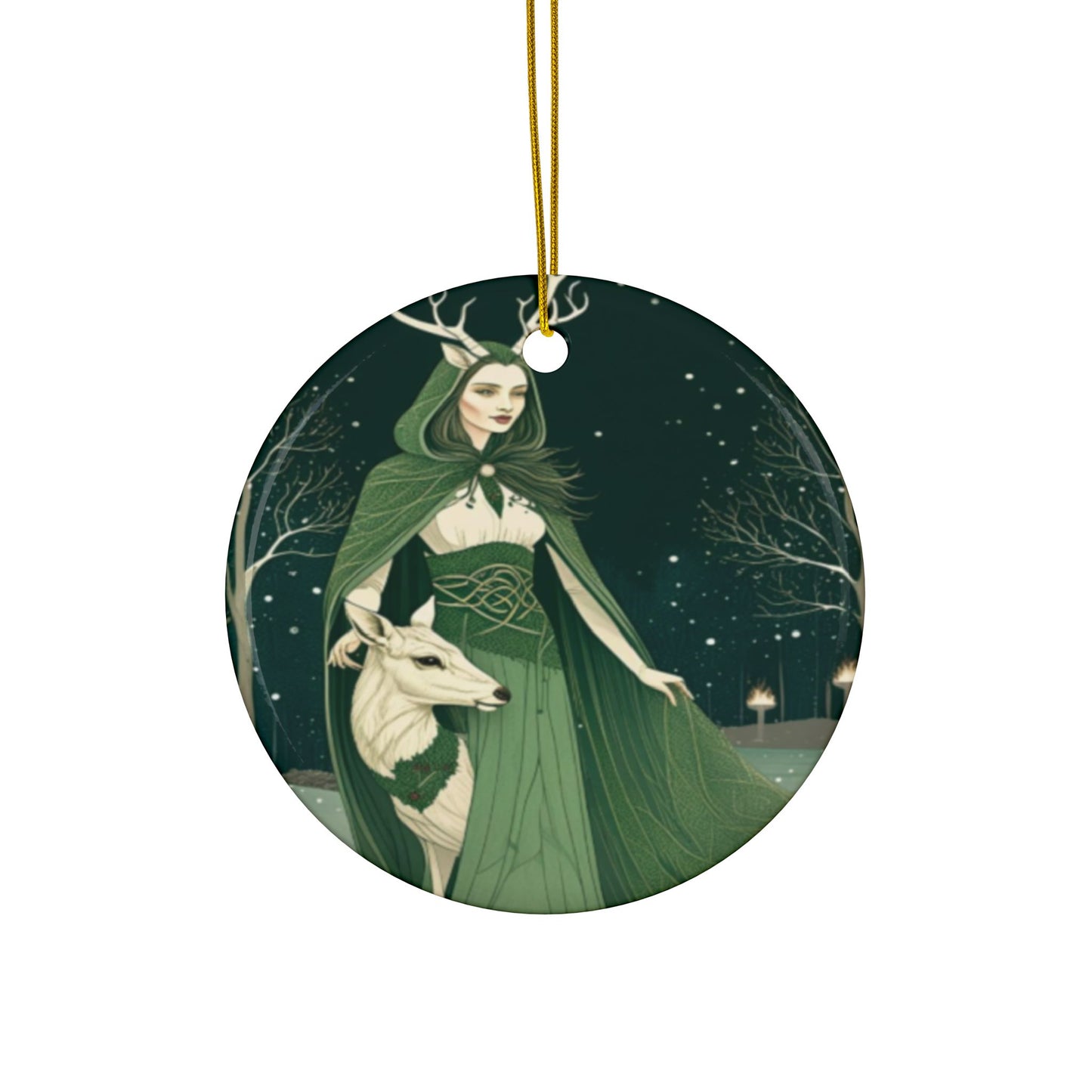 Antlered Woodland Maiden & White Deer Yule Ornament