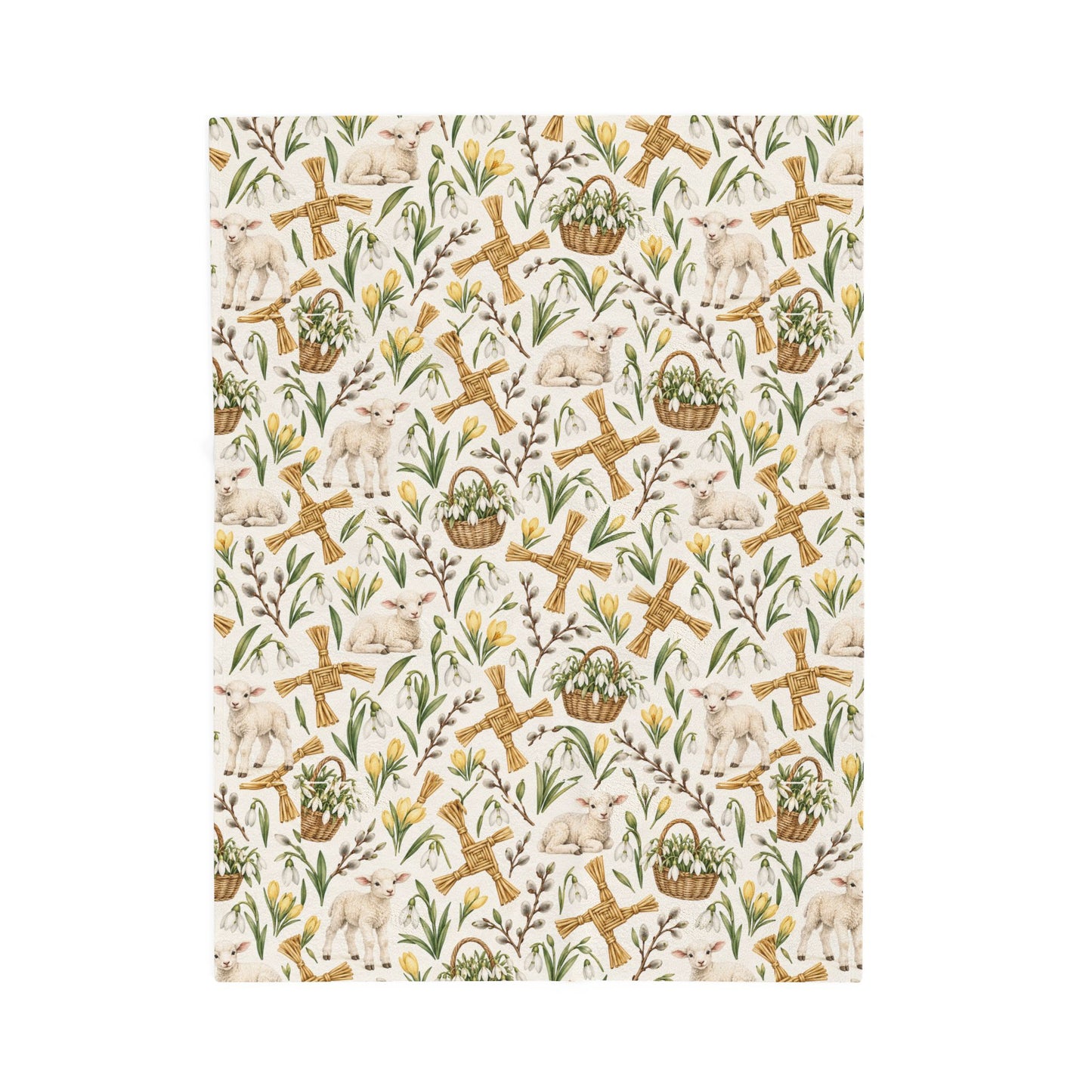 Imbolc Lamb & Brigid’s Cross Velveteen Plush Throw | Lightweight Snowdrop Blanket