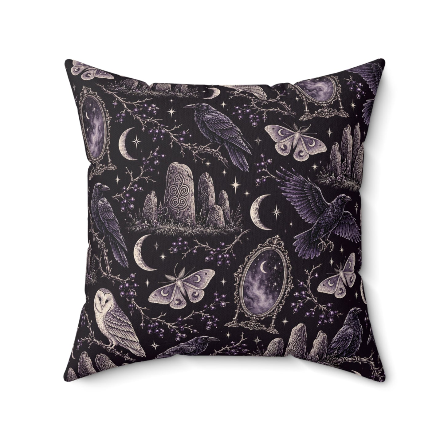 Gothic Raven & Owl Faux Suede Pillow – Purple Moon and Moth Witchy Decor