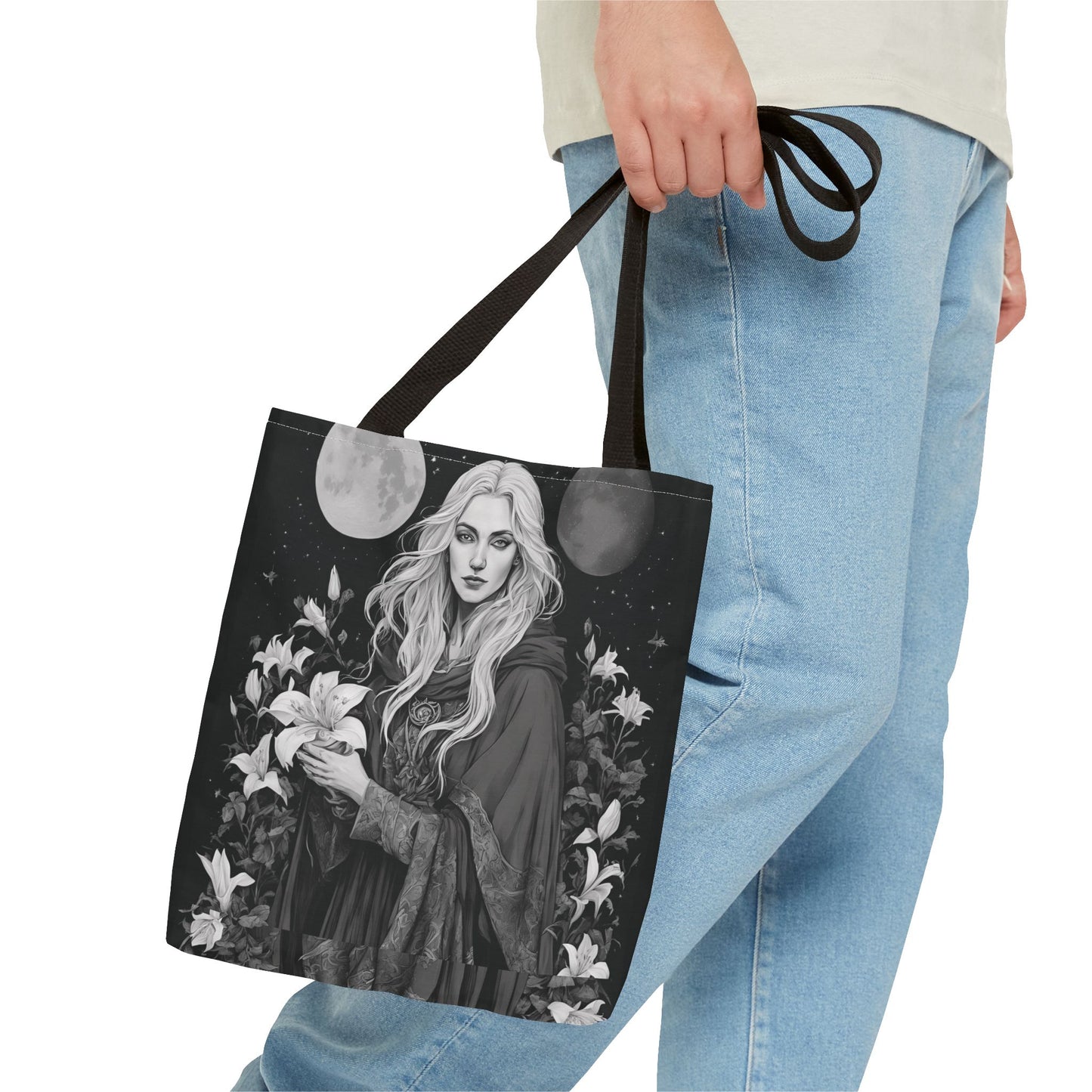 Mystical Floral Tote Bag, Witch Aesthetic Handbag, Boho Chic Shopper, Eco-Friendly Grocery Bag, Everyday Carryall, Gift for Her - Divine Mystic Moons