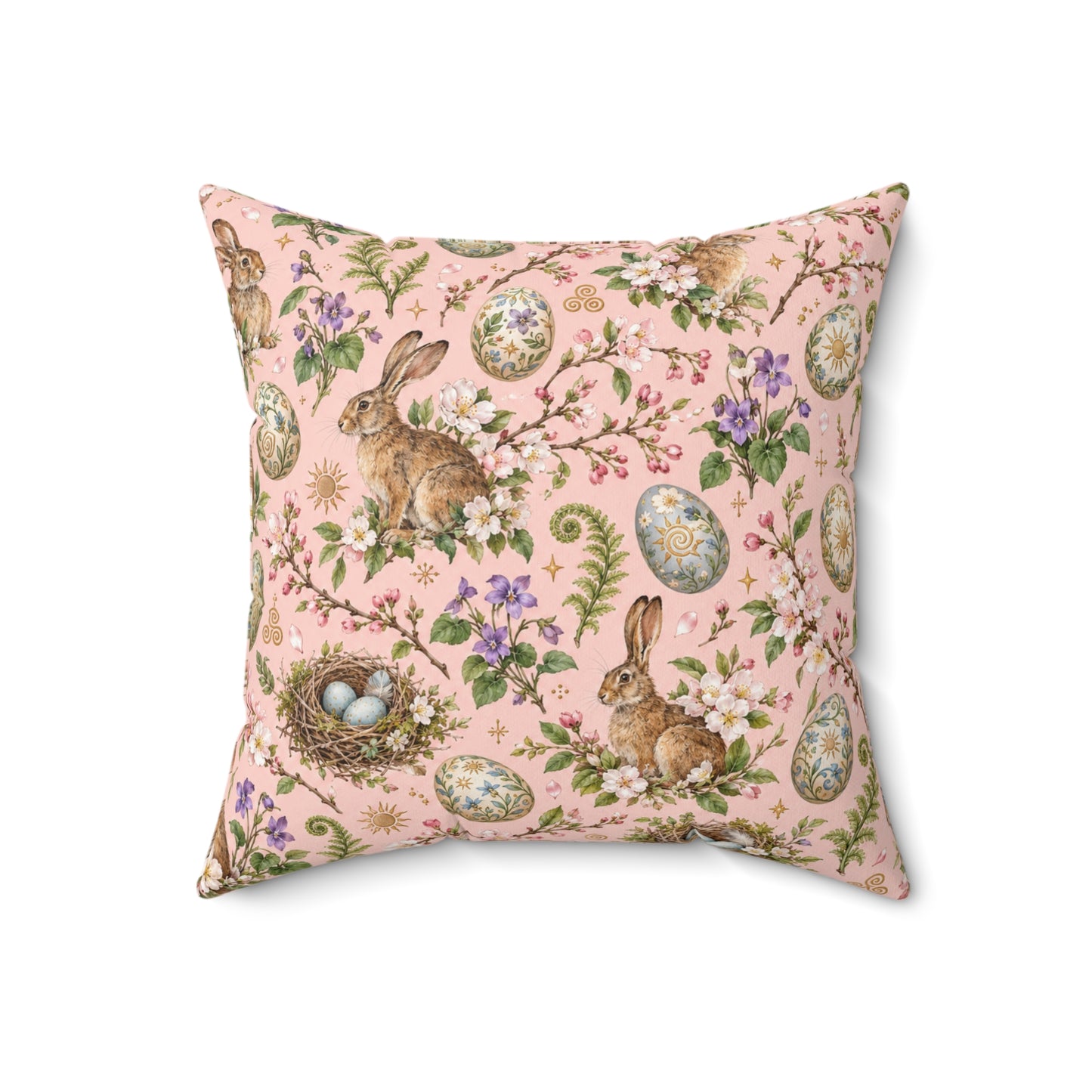 Ostara Rabbit & Spring Egg Faux Suede Pillow | Pink Spring Equinox Decor