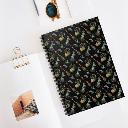 Witch Notebook, Halloween Journal, Spiral Notebook for Witches, Goth Stationery, Ruled Line Notebook, Broomsticks and Skulls Notebook - Divine Mystic Moons