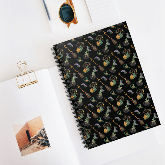 Witch Notebook, Halloween Journal, Spiral Notebook for Witches, Goth Stationery, Ruled Line Notebook, Broomsticks and Skulls Notebook - Divine Mystic Moons