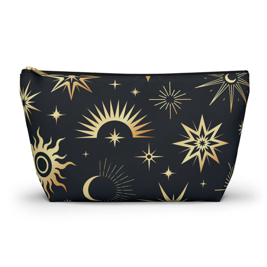 Mystical Makeup Bag | Witch Accessories Pouch | Pagan Travel Organizer | Moon and Sun Cosmetic Bag | Spiritual Storage Pouch w T-bottom - Divine Mystic Moons