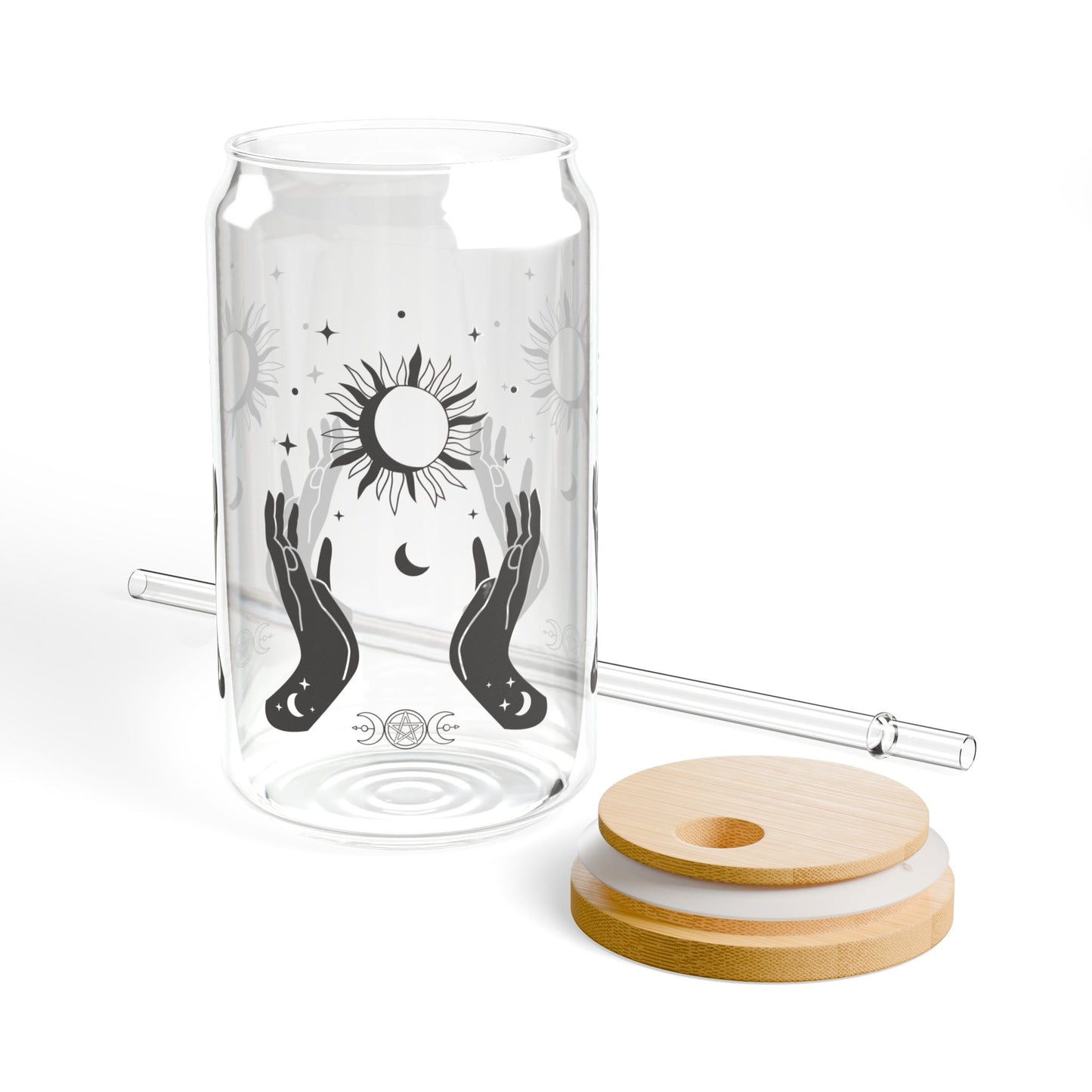 Mystical Sipper Glass | Witch Hands, Sun and Moon Phases | 16oz Cup with Lid, Unique Drinkware, Halloween Gift, Celestial Glassware, Witchy - Divine Mystic Moons