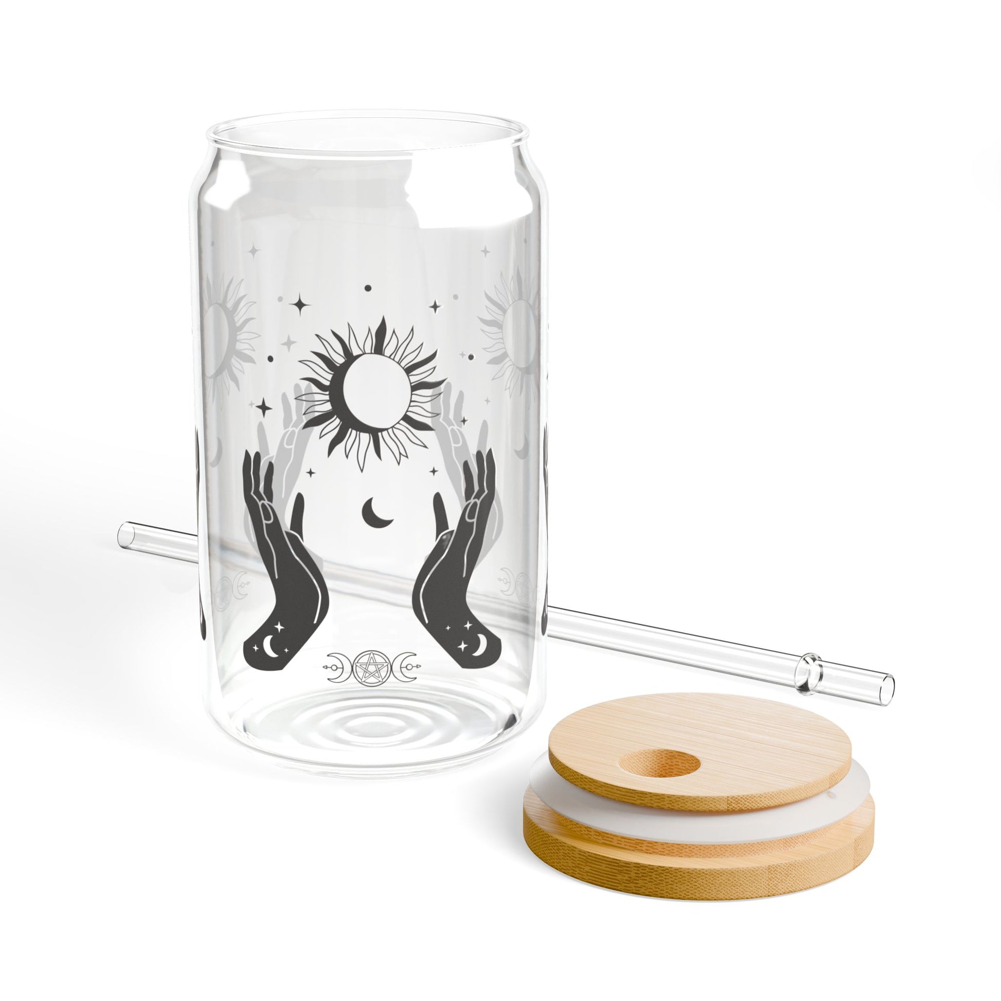 Mystical Sipper Glass | Witch Hands, Sun and Moon Phases | 16oz Cup with Lid, Unique Drinkware, Halloween Gift, Celestial Glassware, Witchy - Divine Mystic Moons