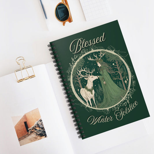Blessed Winter Solstice Notebook – Yule Spiral Journal with Forest Goddess & Stag, Pagan Witch Sabbat Planner, Wiccan Grimoire Gift - Divine Mystic Moons