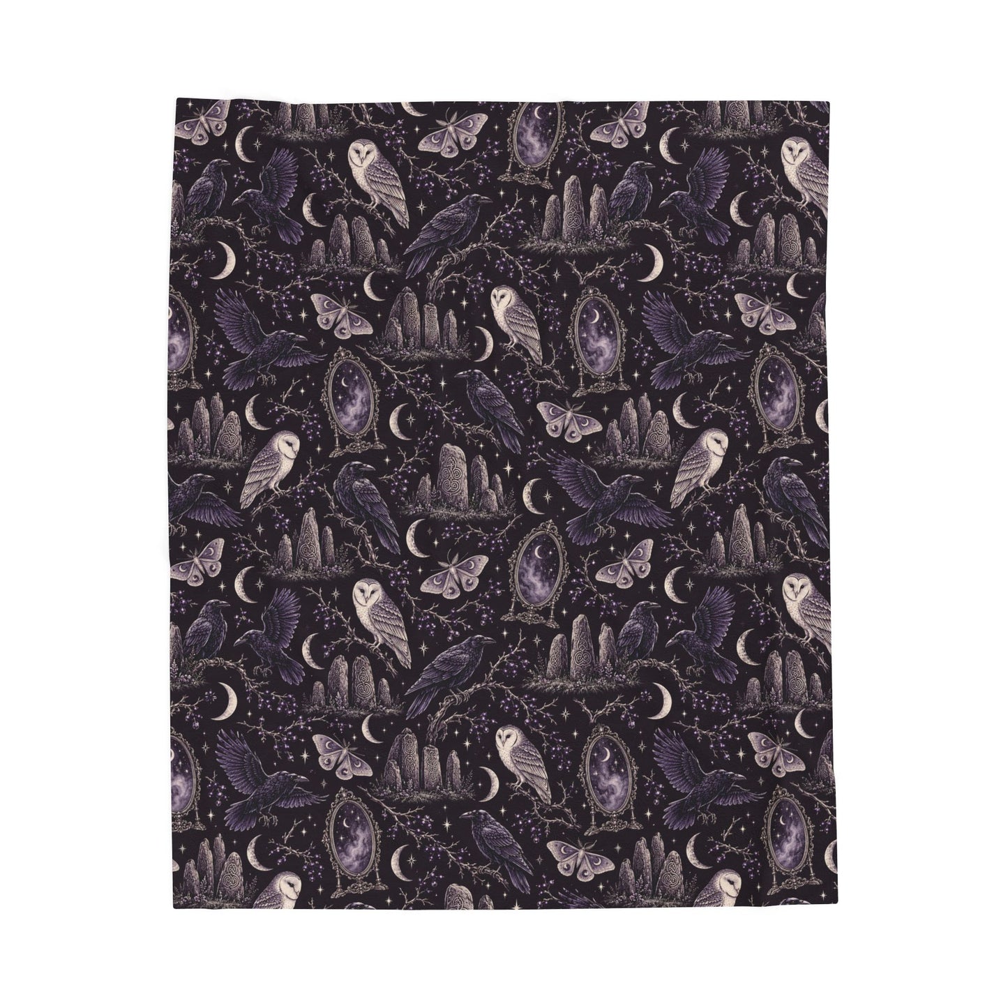 Gothic Raven & Owl Velveteen Plush Blanket – Lightweight Purple Moon and Moth Throw