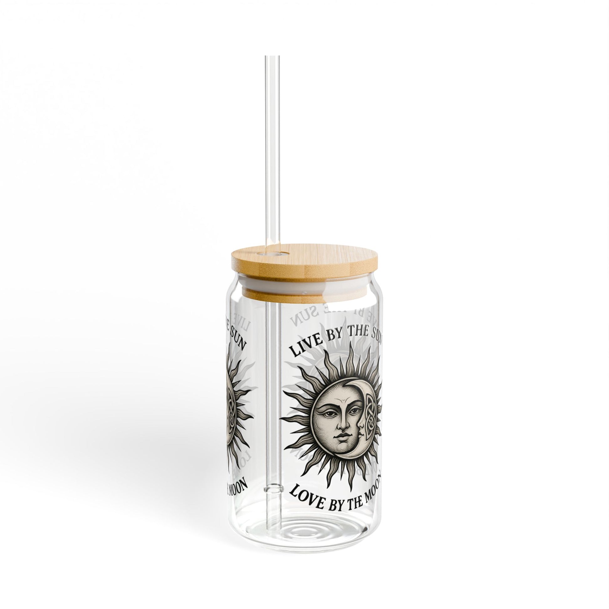 Live by the Sun Love by the Moon Glass Tumbler  16oz Iced Coffee Cup with Bamboo Lid & Straw, Celestial Witchy Drinkware - Divine Mystic Moons
