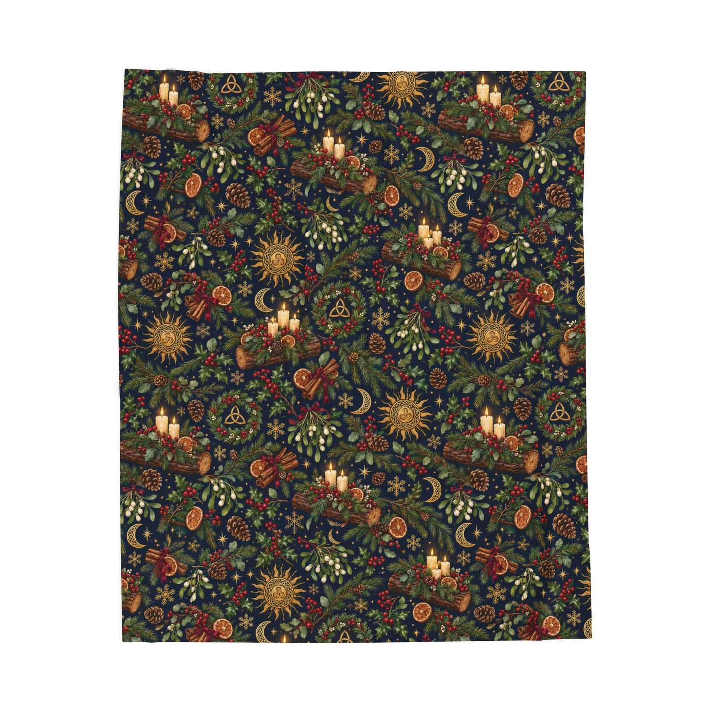 Yule Log & Evergreen Velveteen Plush Blanket – Lightweight Winter Solstice Throw