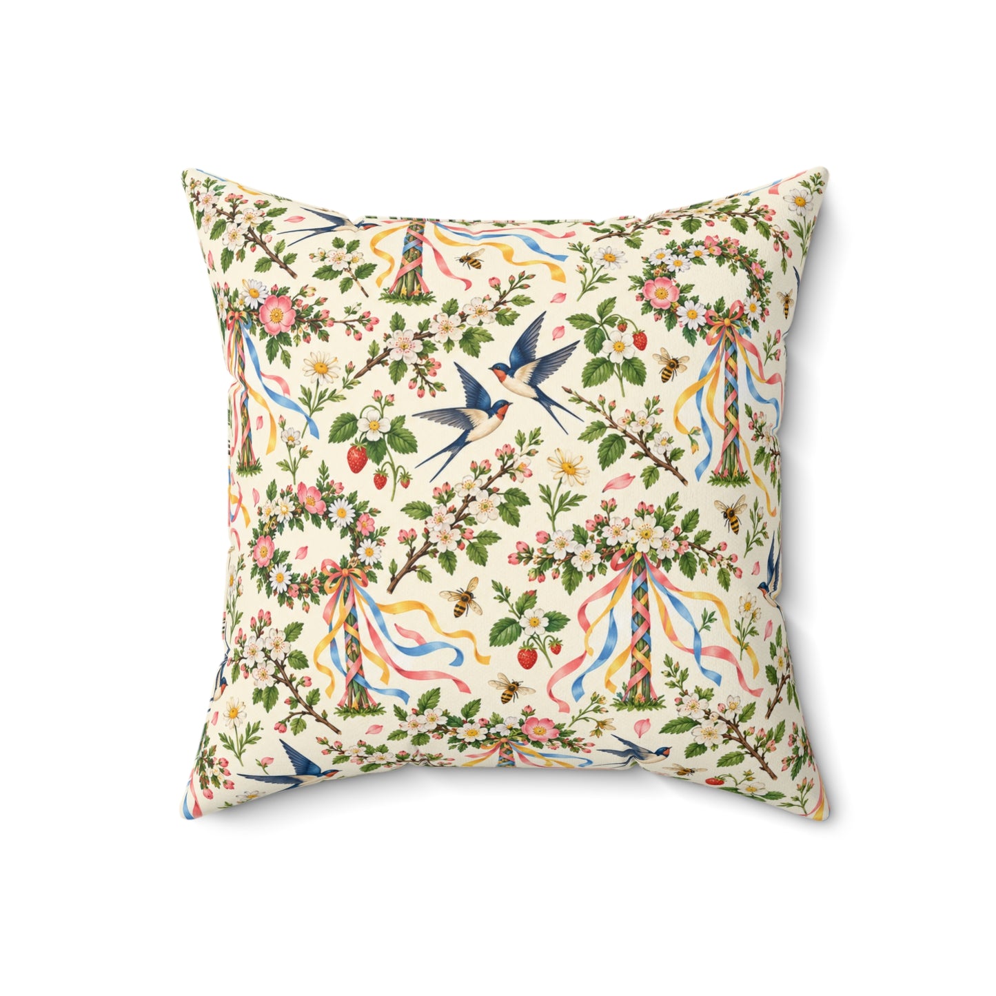 Beltane Maypole & Swallow Faux Suede Pillow – Floral Spring Witch Decor