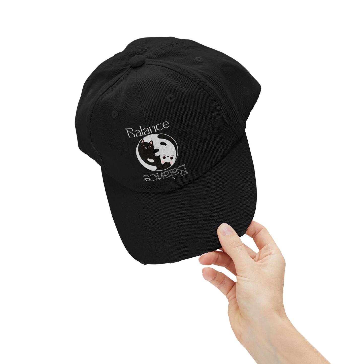Distressed Balance Hat with Yin Yang Black & White Cats Dual-Sided Text, Intertwined Feline Design, Zen Style, Adjustable Cap - Divine Mystic Moons