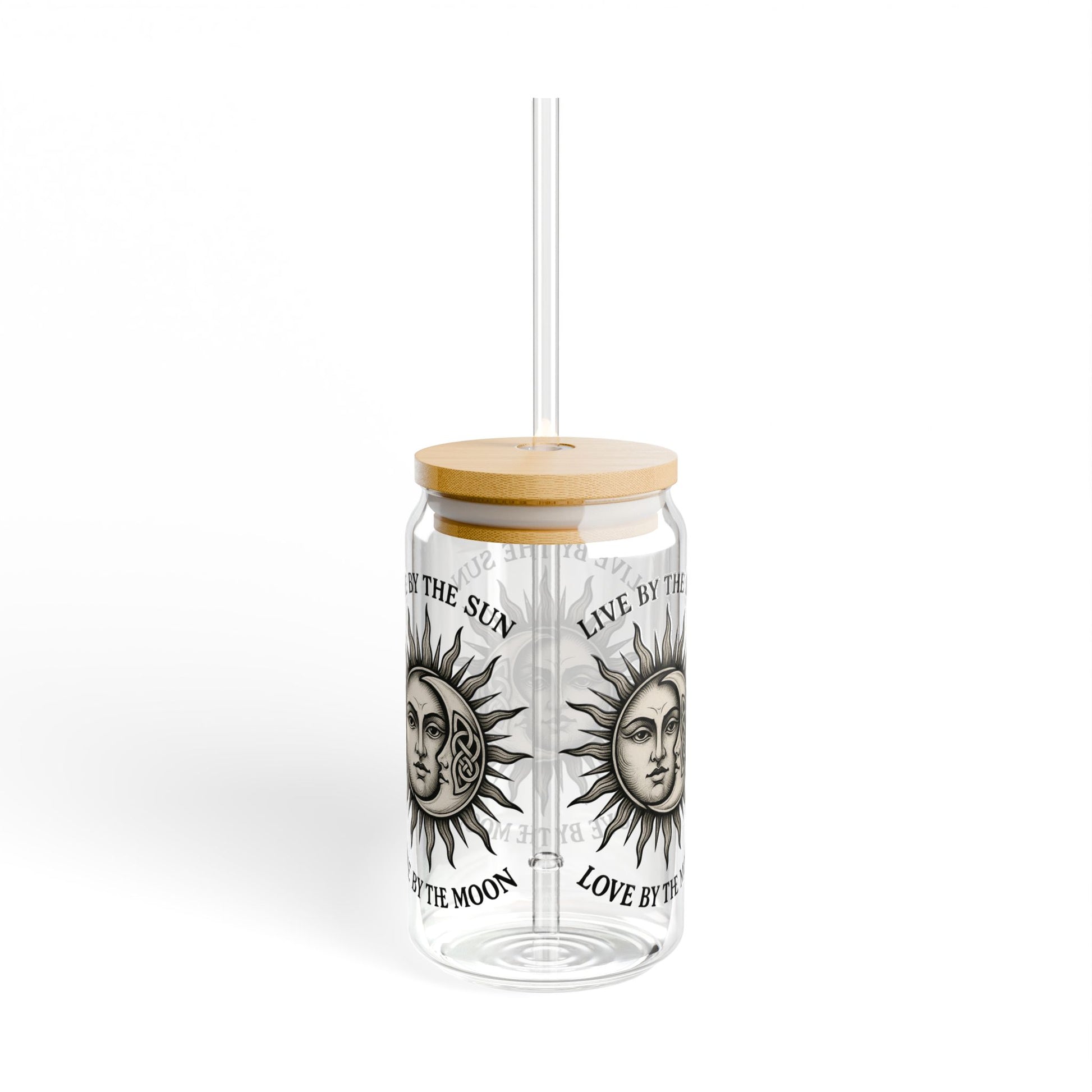 Live by the Sun Love by the Moon Glass Tumbler  16oz Iced Coffee Cup with Bamboo Lid & Straw, Celestial Witchy Drinkware - Divine Mystic Moons