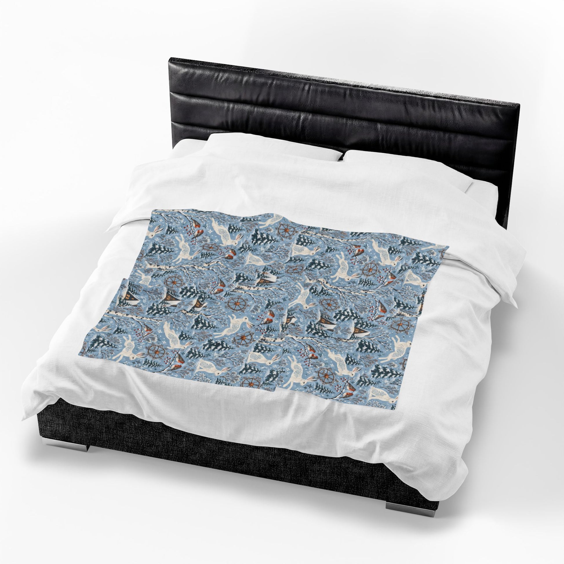 Winter Woodland Hare Velveteen Plush Blanket – Lightweight Blue Yule Throw - Divine Mystic Moons