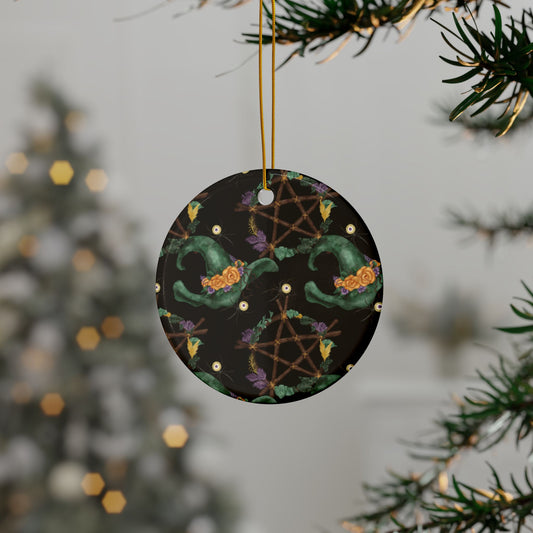 Witchy Ceramic Ornaments | Halloween Decor, 2-Sided Print, Gift Tag, Holiday Decoration, Witch Hat, Spooky Charm - Divine Mystic Moons
