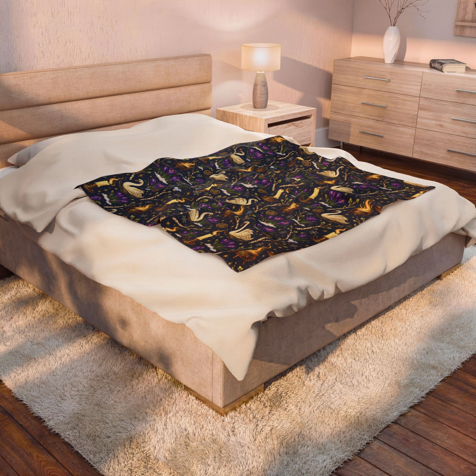 Imbolc Swan & Crocus Velveteen Plush Blanket – Lightweight Candlelit Pagan Throw - Divine Mystic Moons