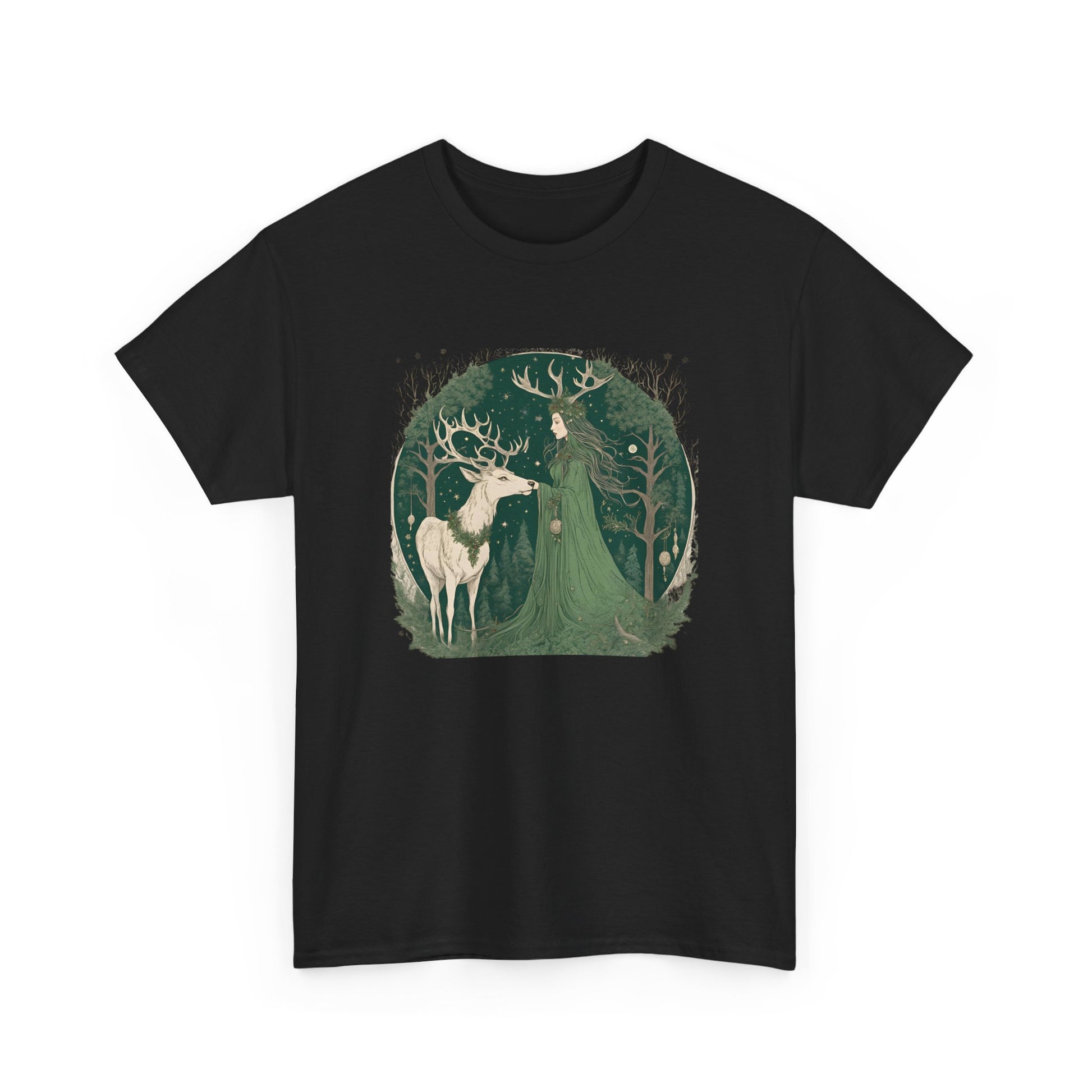 Forest Goddess Yule T-Shirt – Celtic Stag & Witchy Woman Shirt, Pagan Winter Solstice Tee, Wiccan Sabbat Nature Spirit Gift - Divine Mystic Moons