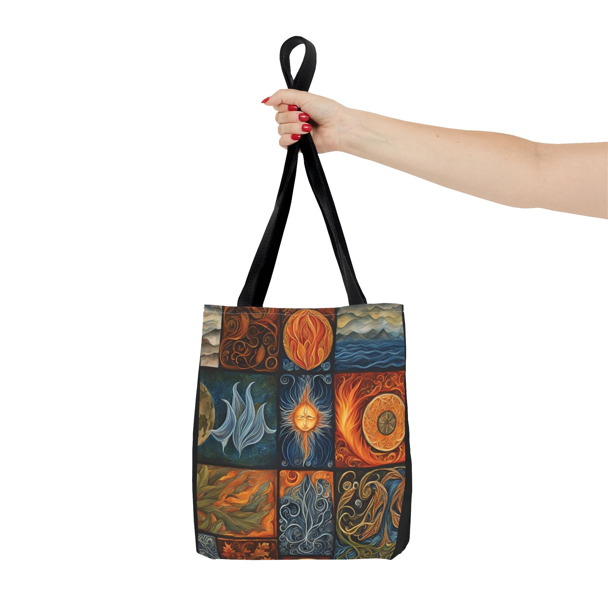 Elemental Tote Bag - Earth Wind Fire Water Design, Eco-Friendly Grocery Bag, Reusable Shopping Tote, Nature Lover Gift, Eco Tote, Elemental - Divine Mystic Moons