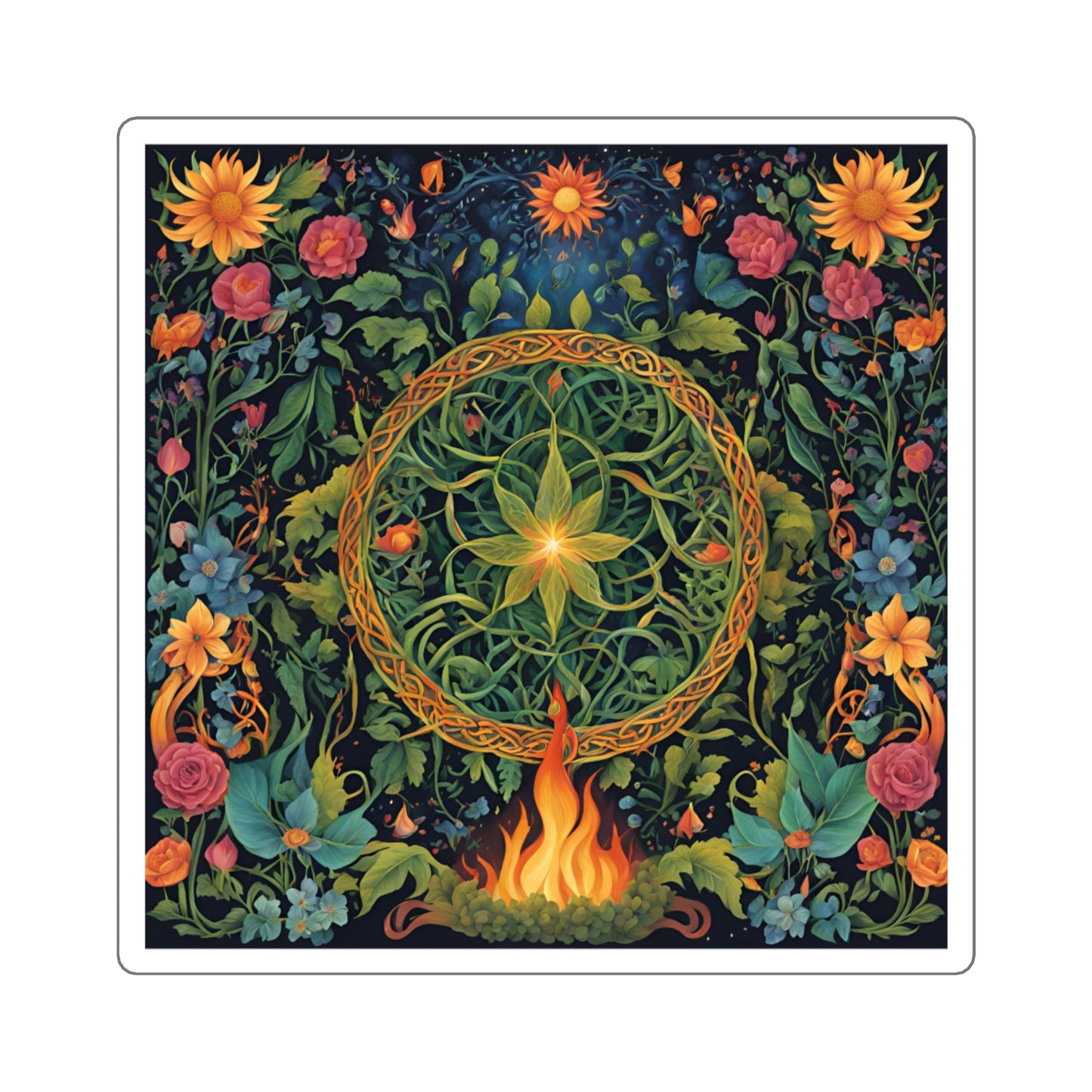 Celtic Fire Wheel Sticker – Beltane or Litha Sabbat Vinyl Sticker, Pagan Midsummer Sun Ritual Art, Wiccan Wheel of the Year DecorBoho Laptop Decals, Floral Art Sticker, Witchy Home Decor, Gift for Witch's, Spiritual Decor - Divine Mystic Moons
