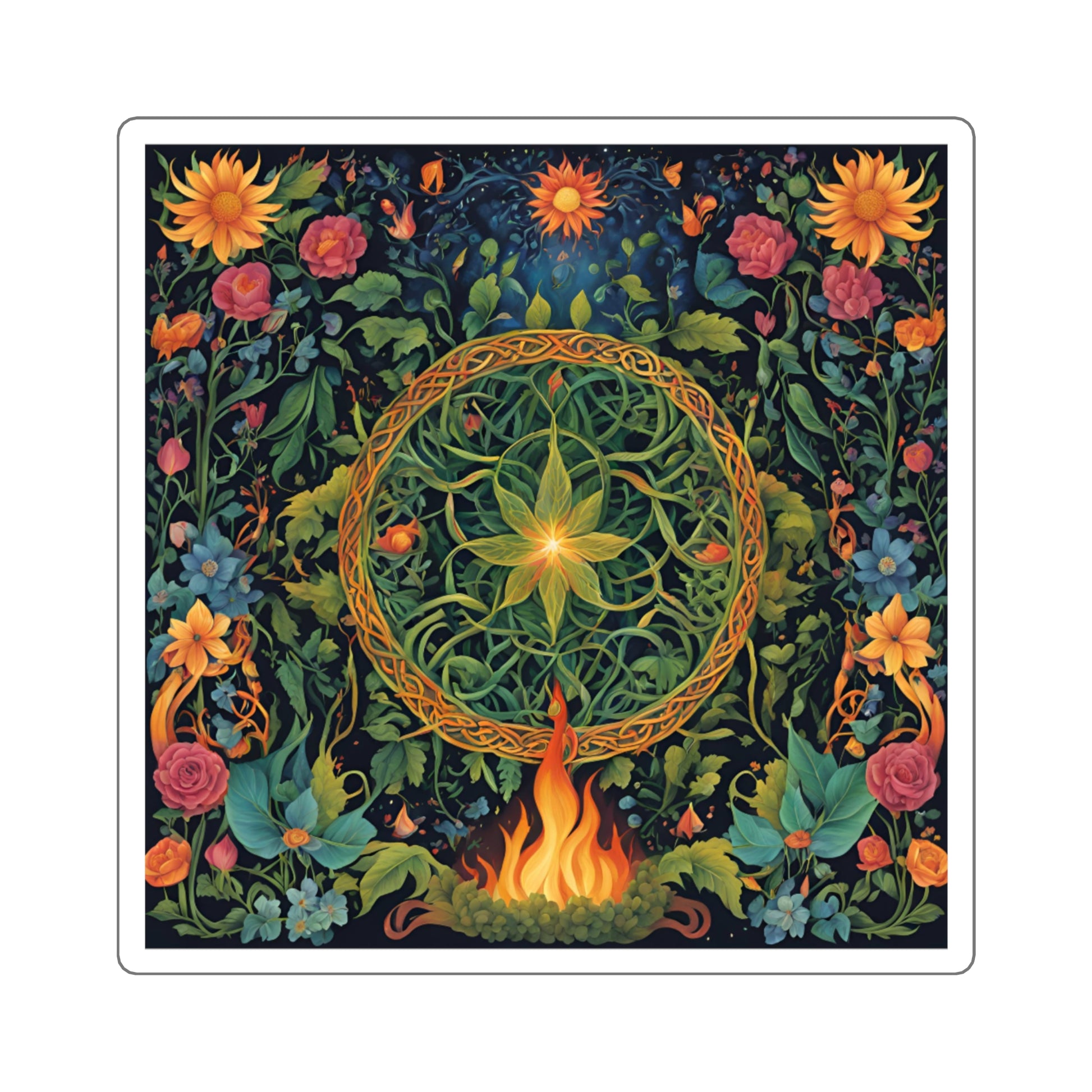 Celtic Fire Wheel Sticker – Beltane or Litha Sabbat Vinyl Sticker, Pagan Midsummer Sun Ritual Art, Wiccan Wheel of the Year DecorBoho Laptop Decals, Floral Art Sticker, Witchy Home Decor, Gift for Witch's, Spiritual Decor - Divine Mystic Moons