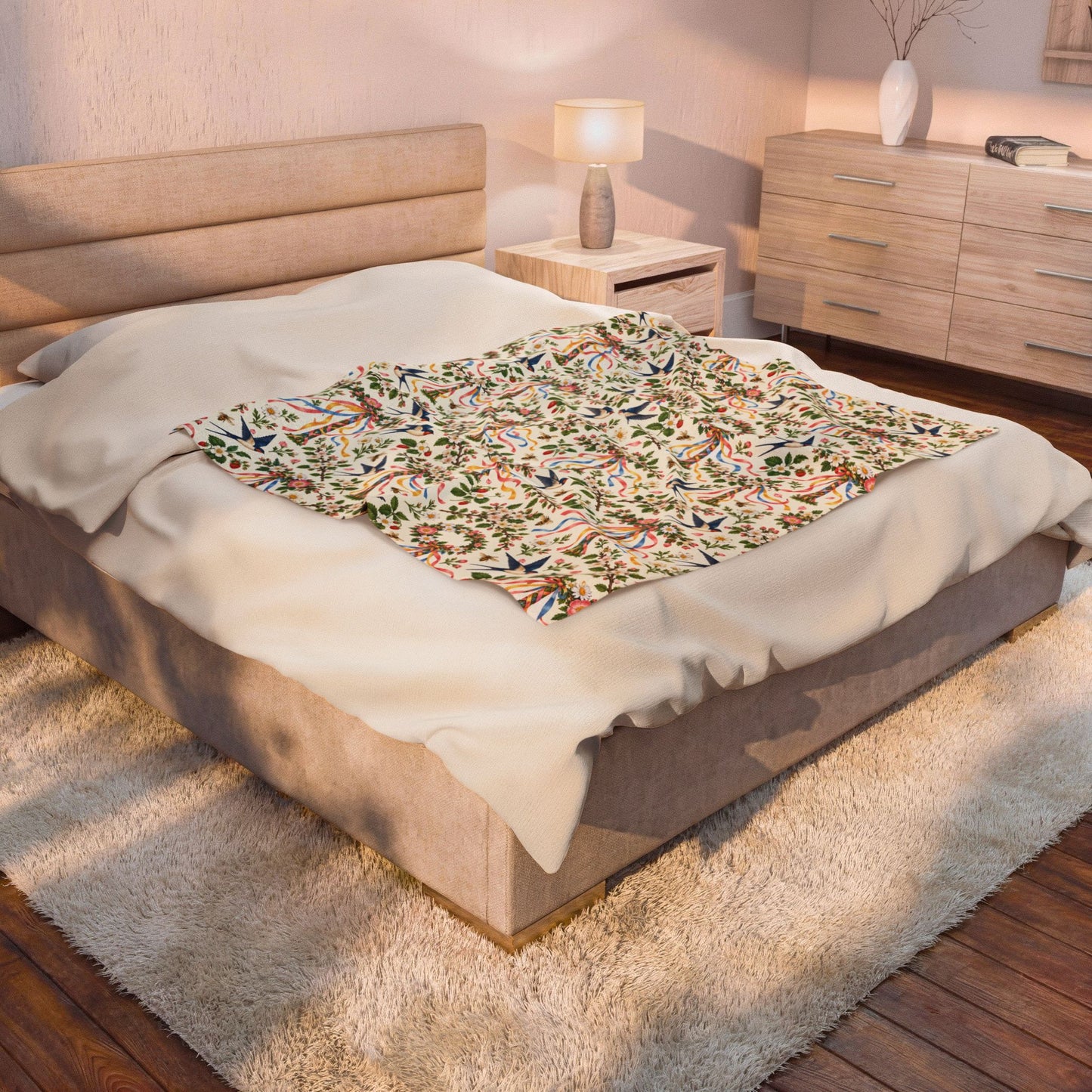 Beltane Maypole & Swallow Velveteen Plush Blanket – Lightweight Floral Spring Throw