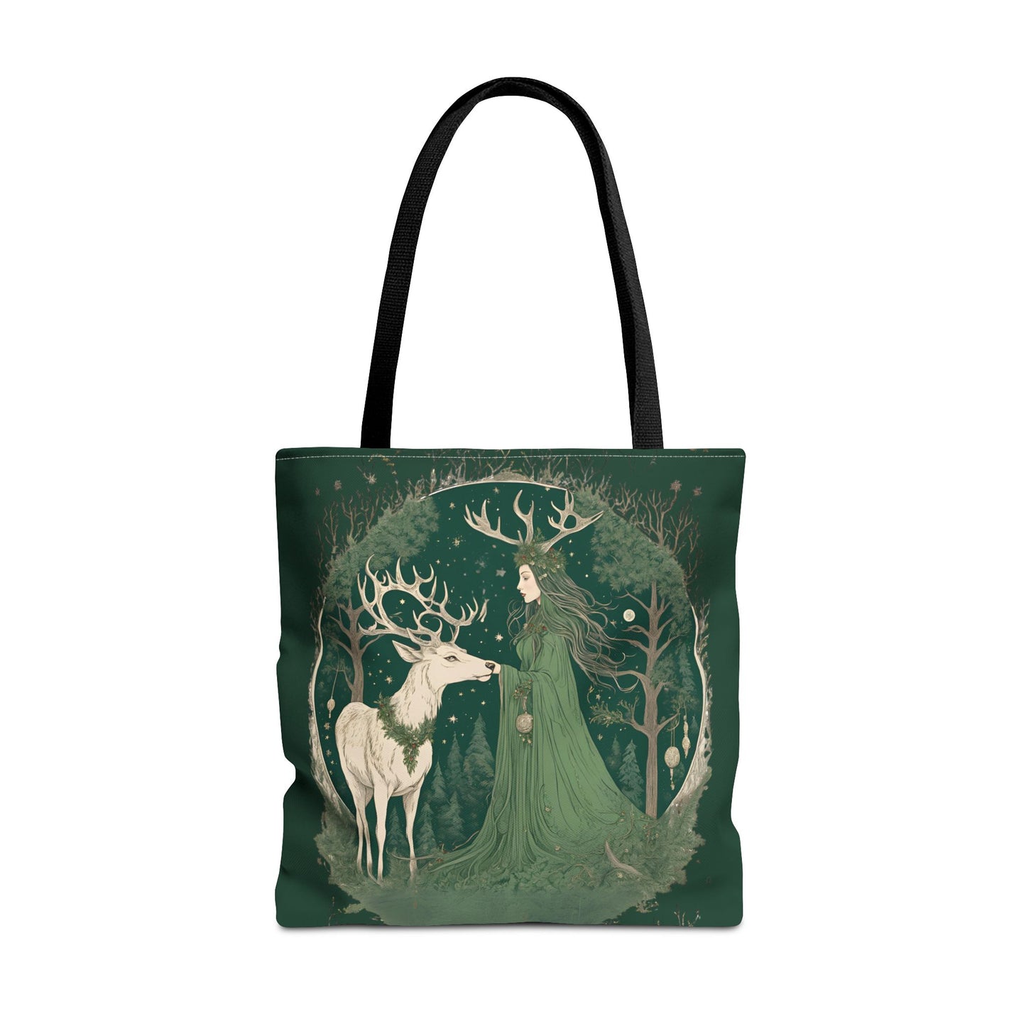 Yuletide Green Witch Tote Bag - Earthly Design, Eco-Friendly Grocery Bag, Reusable Shopping Tote, Nature Lover Gift, Eco Tote, Elemental - Divine Mystic Moons
