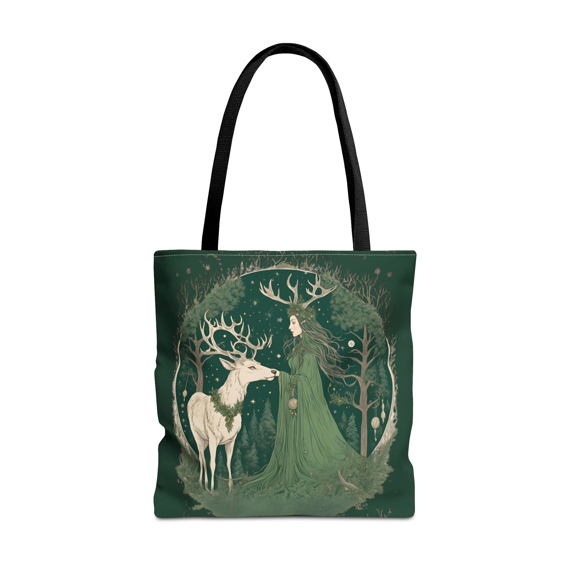 Yuletide Green Witch Tote Bag - Earthly Design, Eco-Friendly Grocery Bag, Reusable Shopping Tote, Nature Lover Gift, Eco Tote, Elemental - Divine Mystic Moons