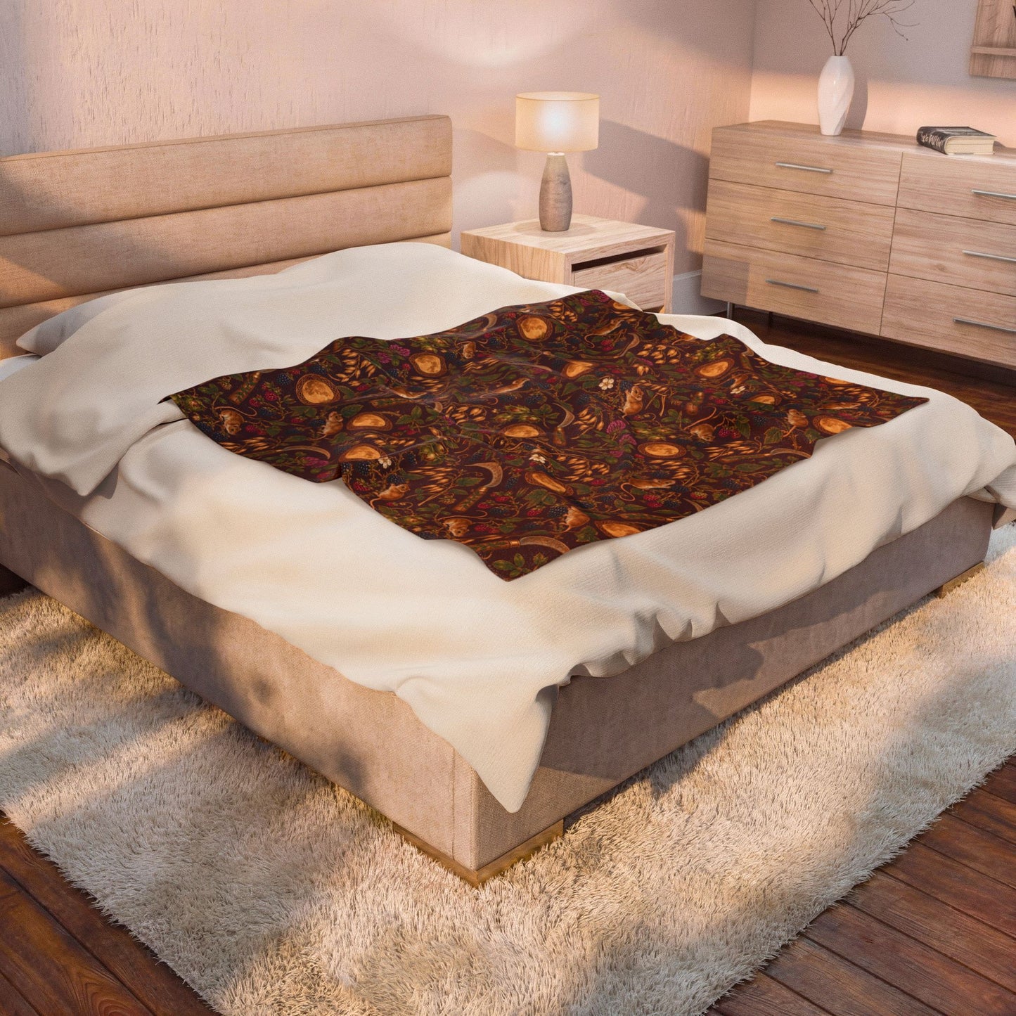 Lughnasadh Harvest Mouse Velveteen Plush Blanket – Lightweight Blackberry & Moon Throw - Divine Mystic Moons
