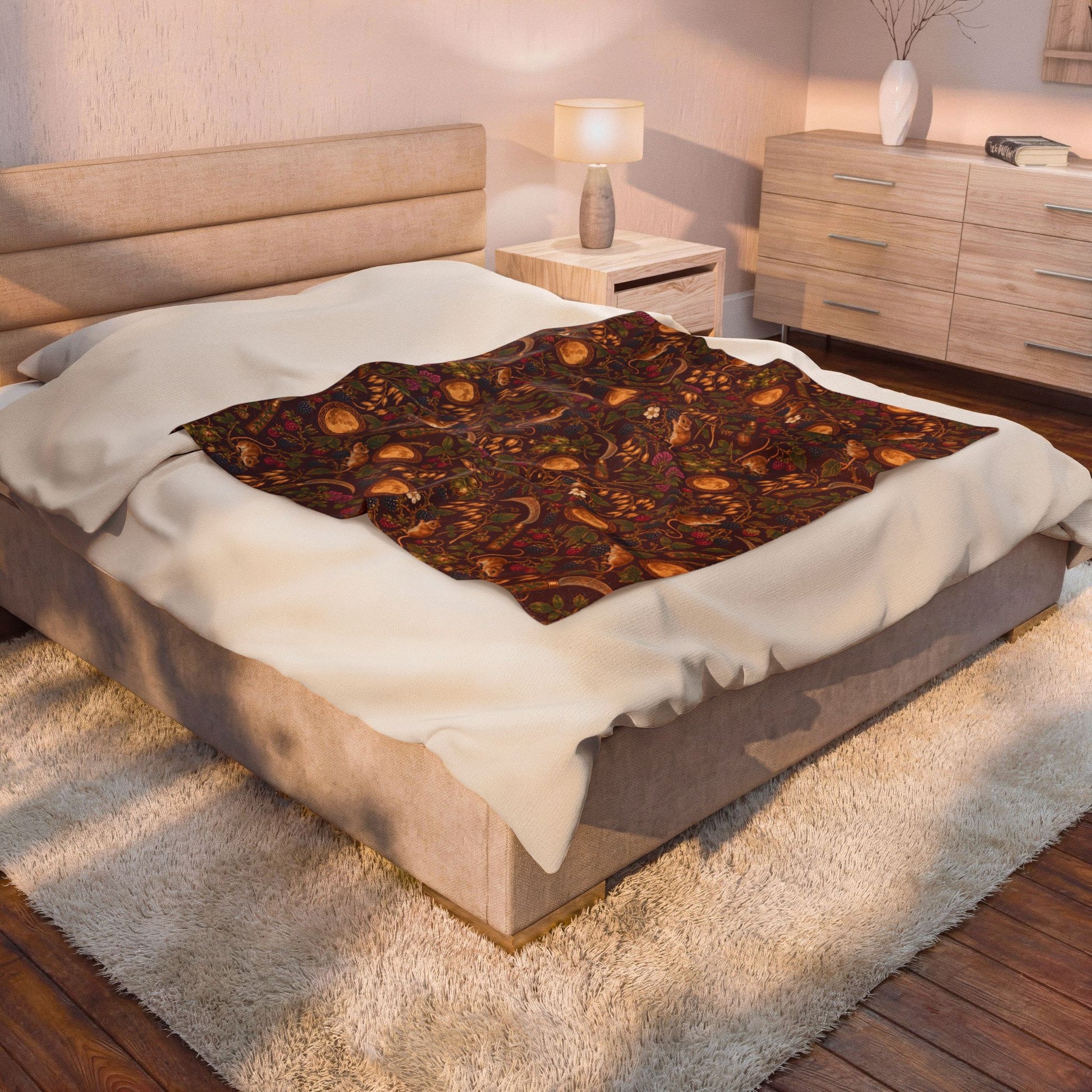Lughnasadh Harvest Mouse Velveteen Plush Blanket – Lightweight Blackberry & Moon Throw - Divine Mystic Moons