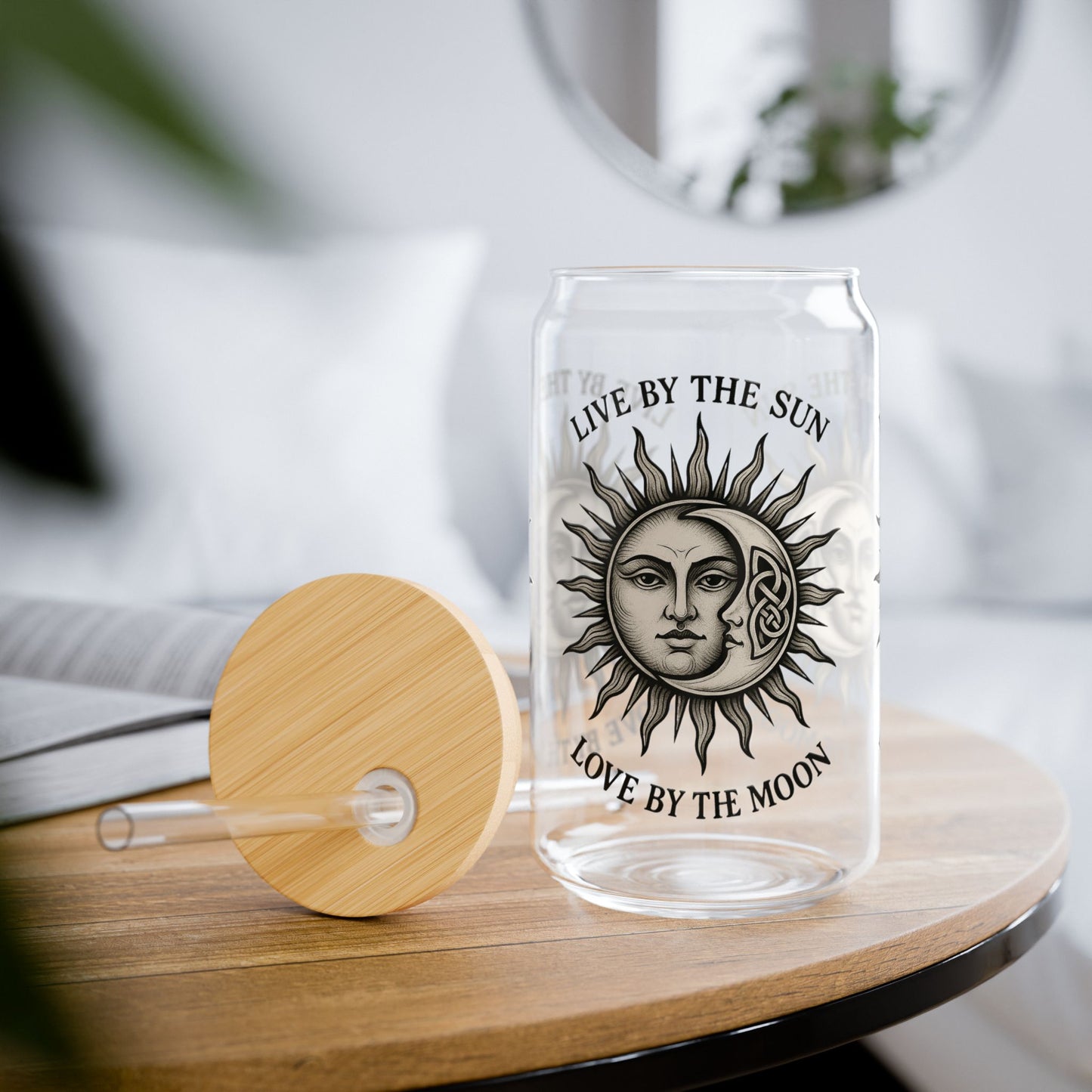 Live by the Sun Love by the Moon Glass Tumbler  16oz Iced Coffee Cup with Bamboo Lid & Straw, Celestial Witchy Drinkware - Divine Mystic Moons