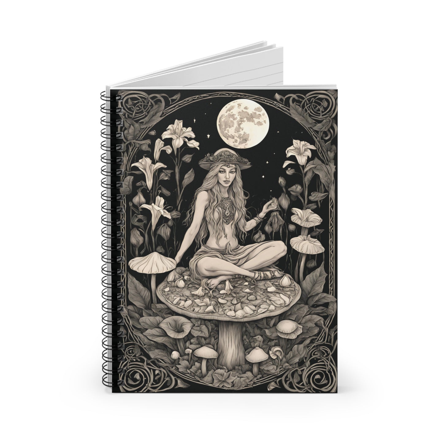 Moon Goddess Notebook – Witchy Mushroom Journal, Gothic Forest Fairy Sketchbook, Divine Feminine Spiral Bound Grimoire Gift - Divine Mystic Moons