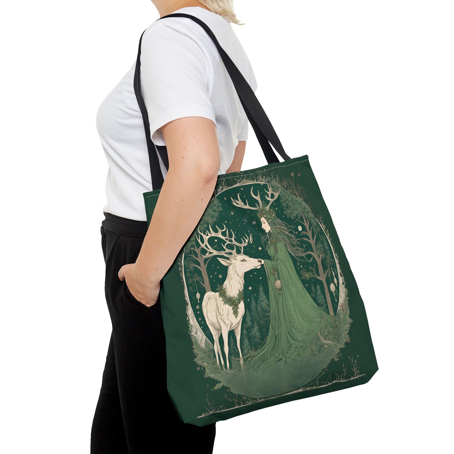 Yuletide Green Witch Tote Bag - Earthly Design, Eco-Friendly Grocery Bag, Reusable Shopping Tote, Nature Lover Gift, Eco Tote, Elemental - Divine Mystic Moons