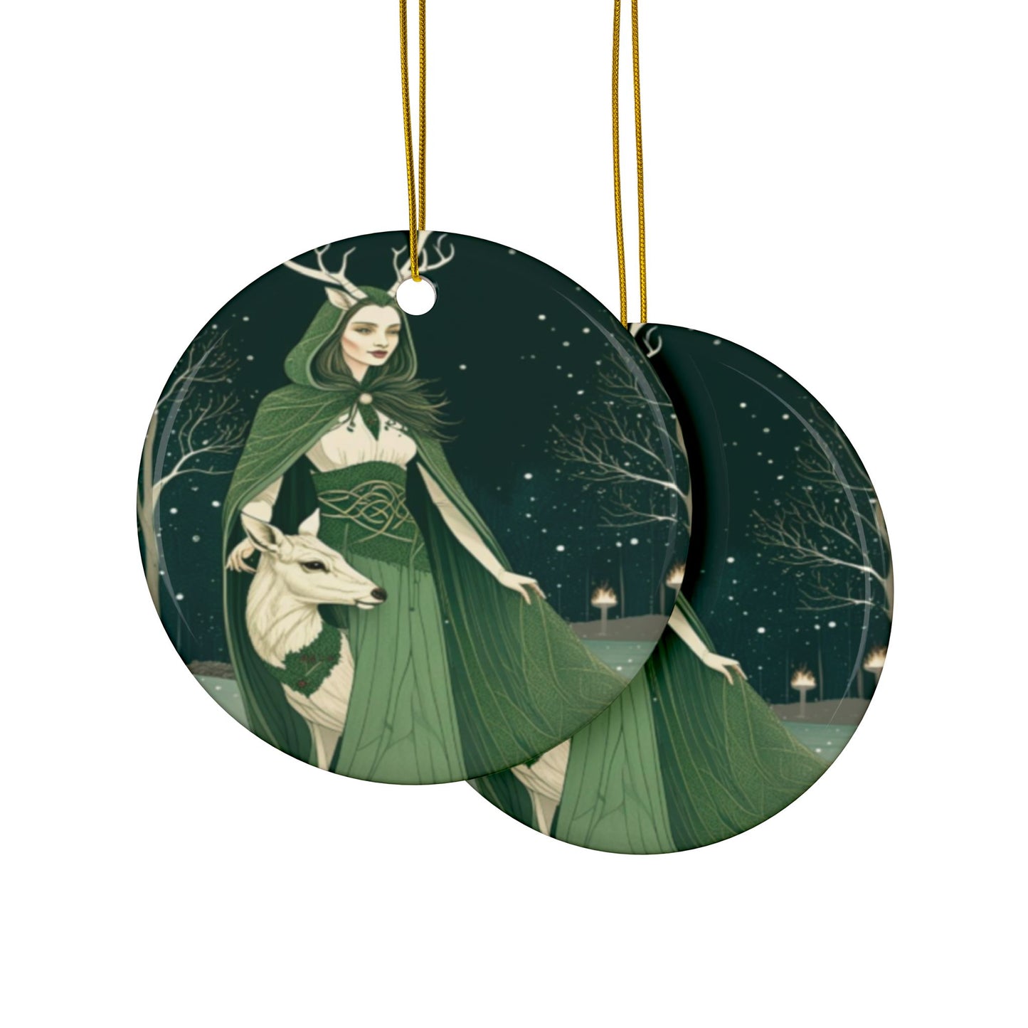 Antlered Woodland Maiden & White Deer Yule Ornament