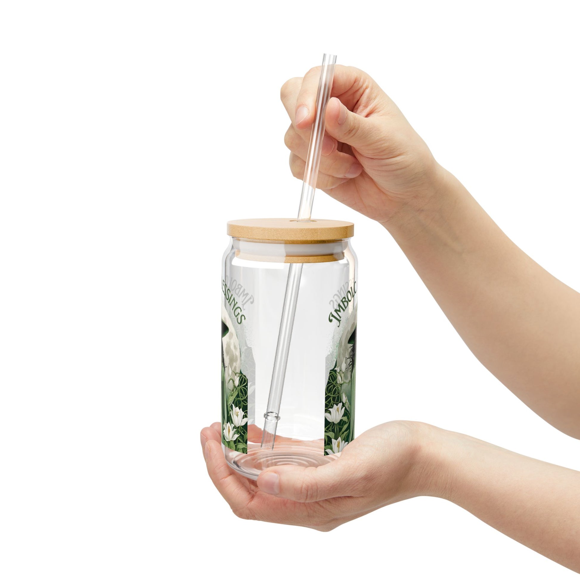 Witchy Imbolc Sipper Glass 16oz - Botanical Blessings, Wheel of the Year Drinkware, Perfect for Pagans Wiccans Green Witch - Divine Mystic Moons