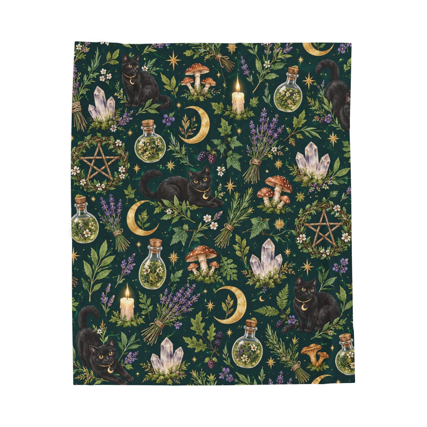 Green Witch Black Cat Velveteen Plush Blanket – Botanical Moon & Crystal Throw