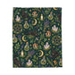 Green Witch Black Cat Velveteen Plush Blanket – Botanical Moon & Crystal Throw